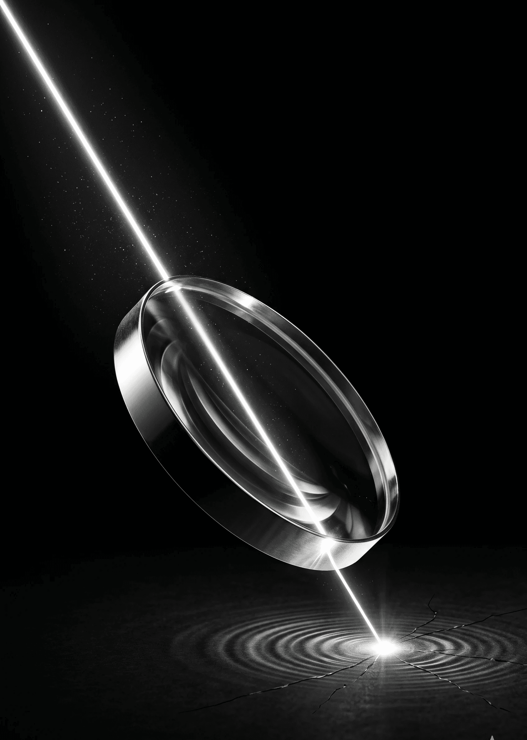 A high-contrast, monochrome (black-and-white) editorial poster photograph set against a deep black studio void. A massive, tilted glass magnifying lens, with a polished metal rim, hovers in mid-frame. A concentrated white laser beam from the upper-left refracts through the lens, striking a dark surface below at an intense, glowing focal point. Fine cracks and concentric heat-distortion ripple patterns radiate outward across the dark surface from the targeted impact point. Volumetric light catches tiny dust particles in the beam. Specular highlights flare along the lens rim. The composition has a precise, targeted energy, with clear negative space to the top-right.