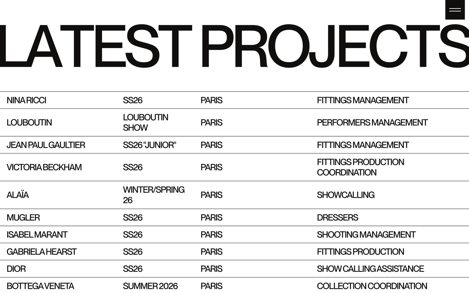 LATEST PROJECTS table listing fashion brands with roles, locations, and seasons. Brands include Nina Ricci and Dior.