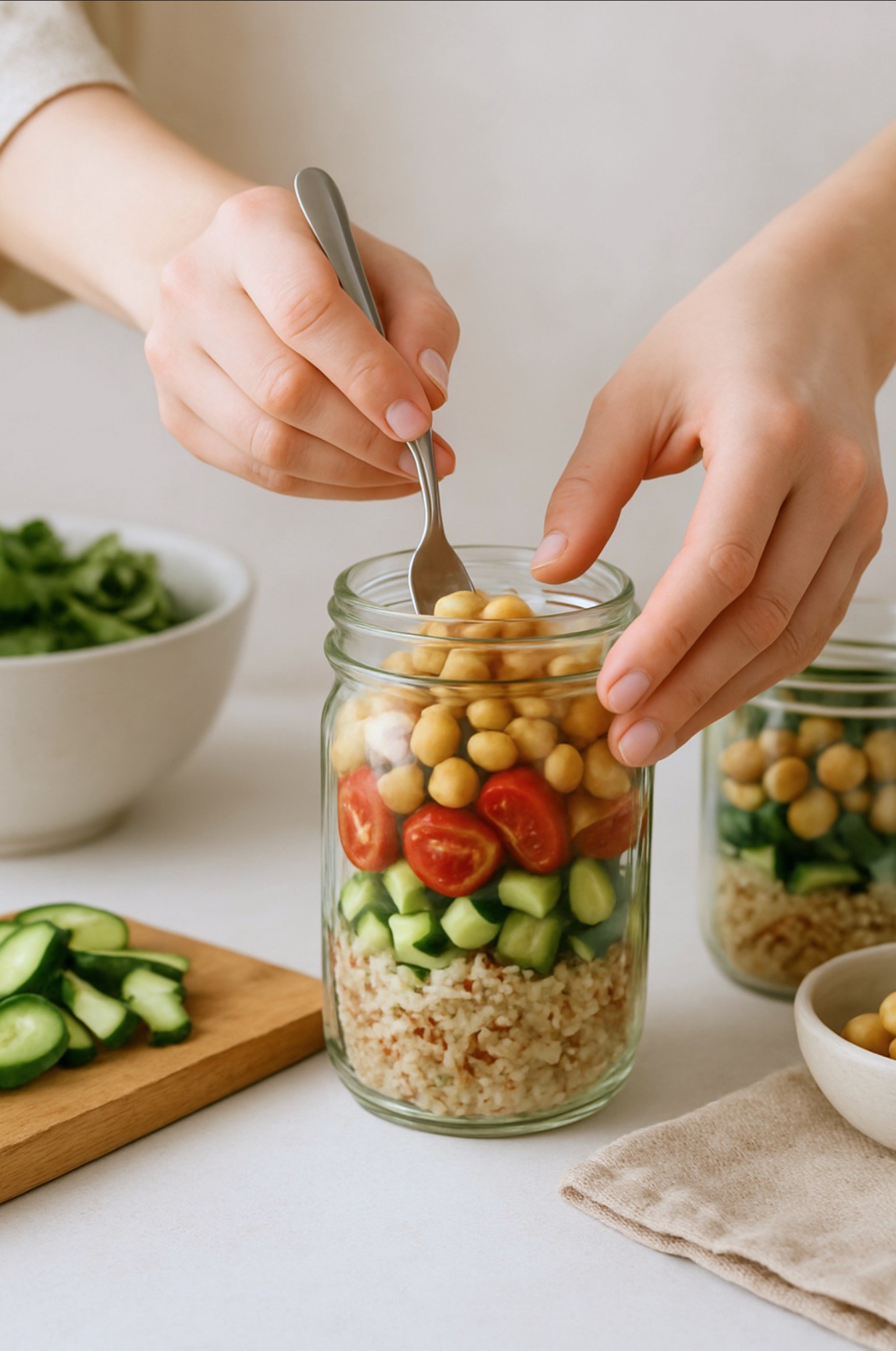 Closeup von Händen, die einen Mason Jar Salad zubereiten