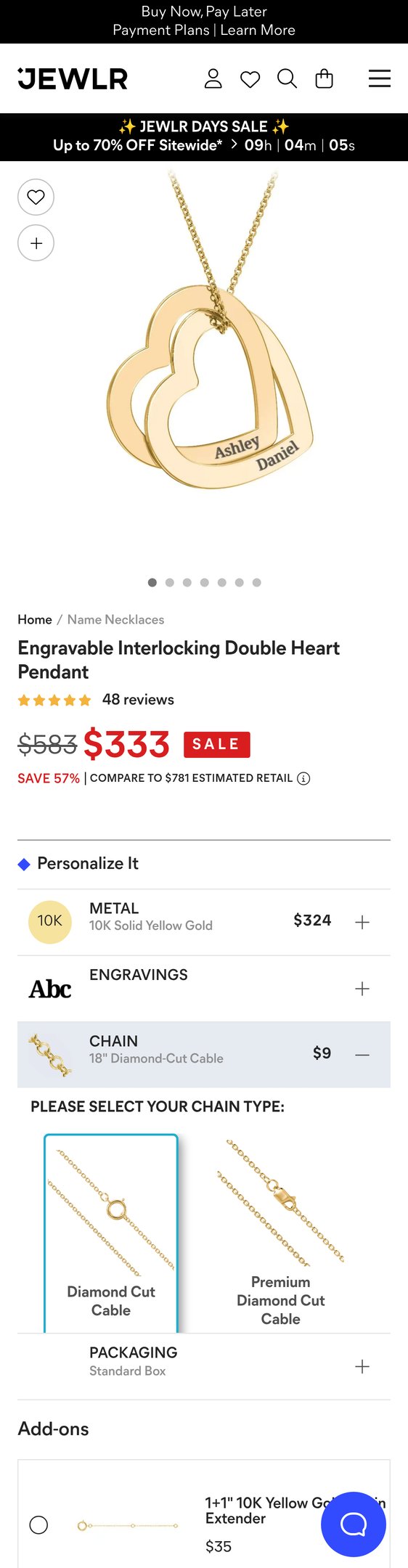 Jewelry product options include: pendant for 10K Yellow Gold Engravable Interlocking Double Heart Pendant from Jewlr.