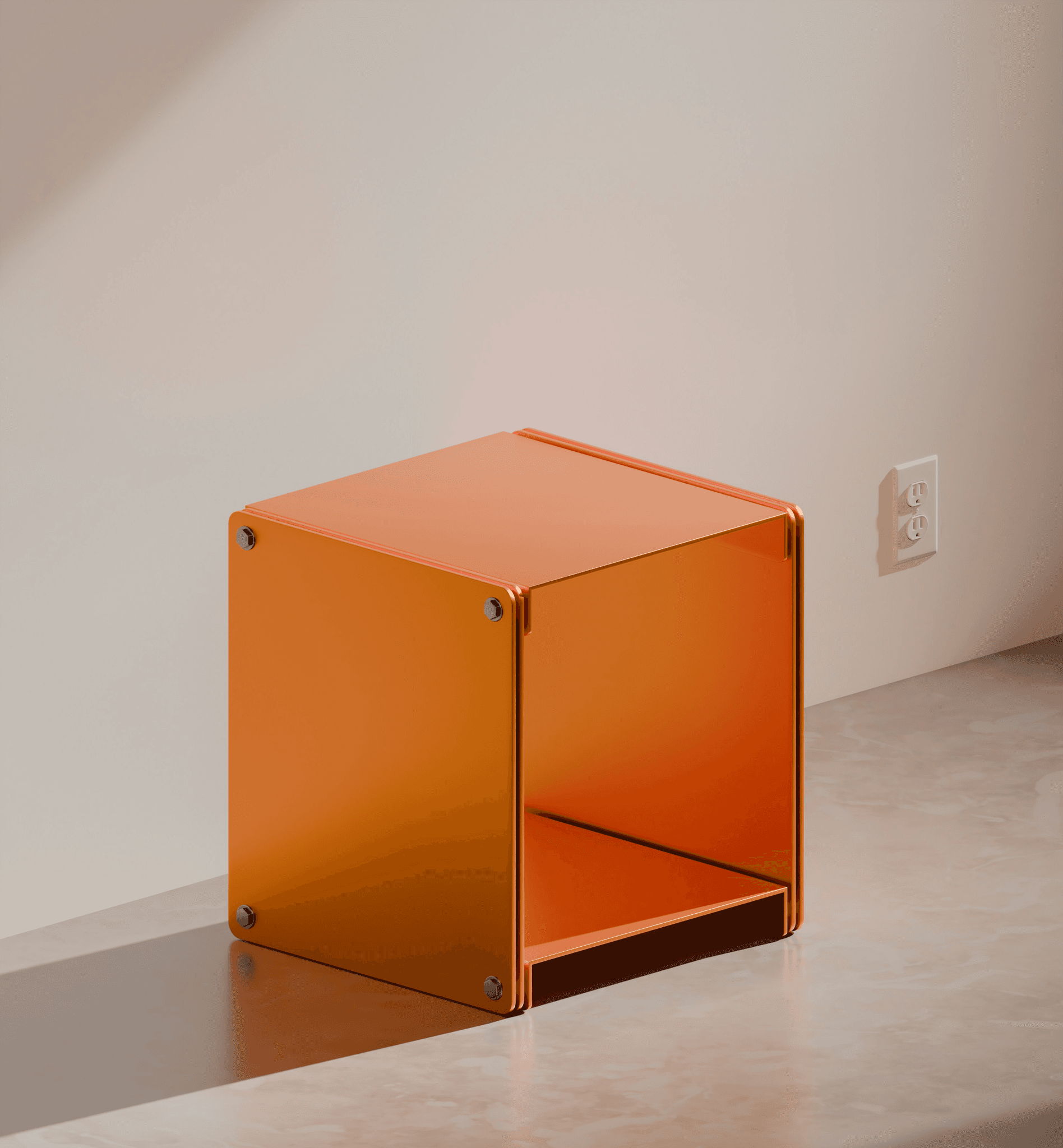 An orange cube-shaped side table is shown.