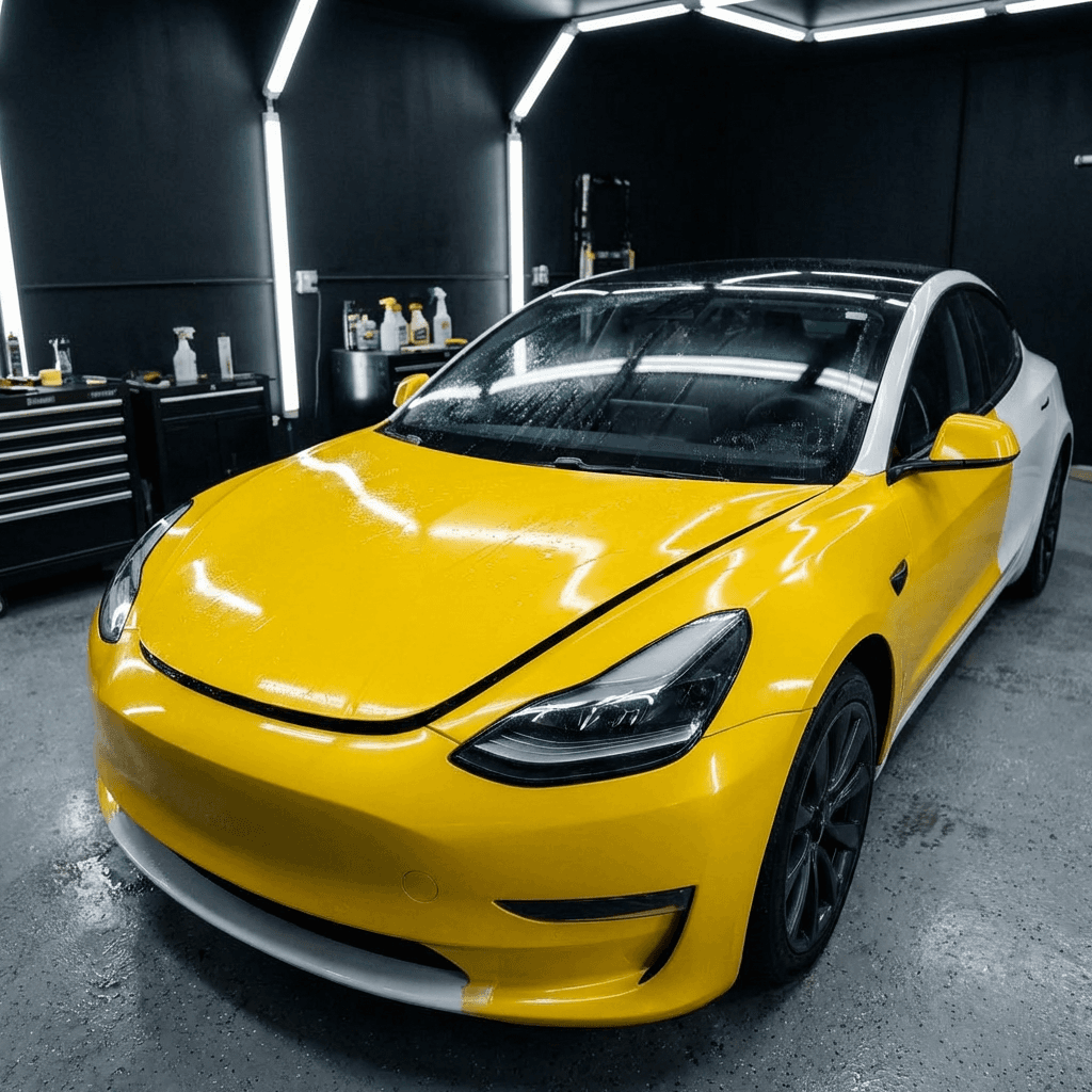 Tesla Model 3 with yellow front half wrap