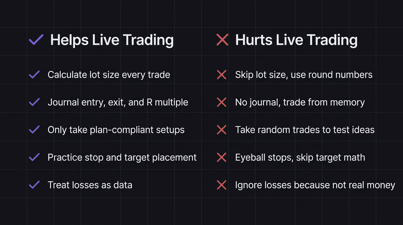 Checklist comparing demo trading habits that help versus habits that hurt live trading