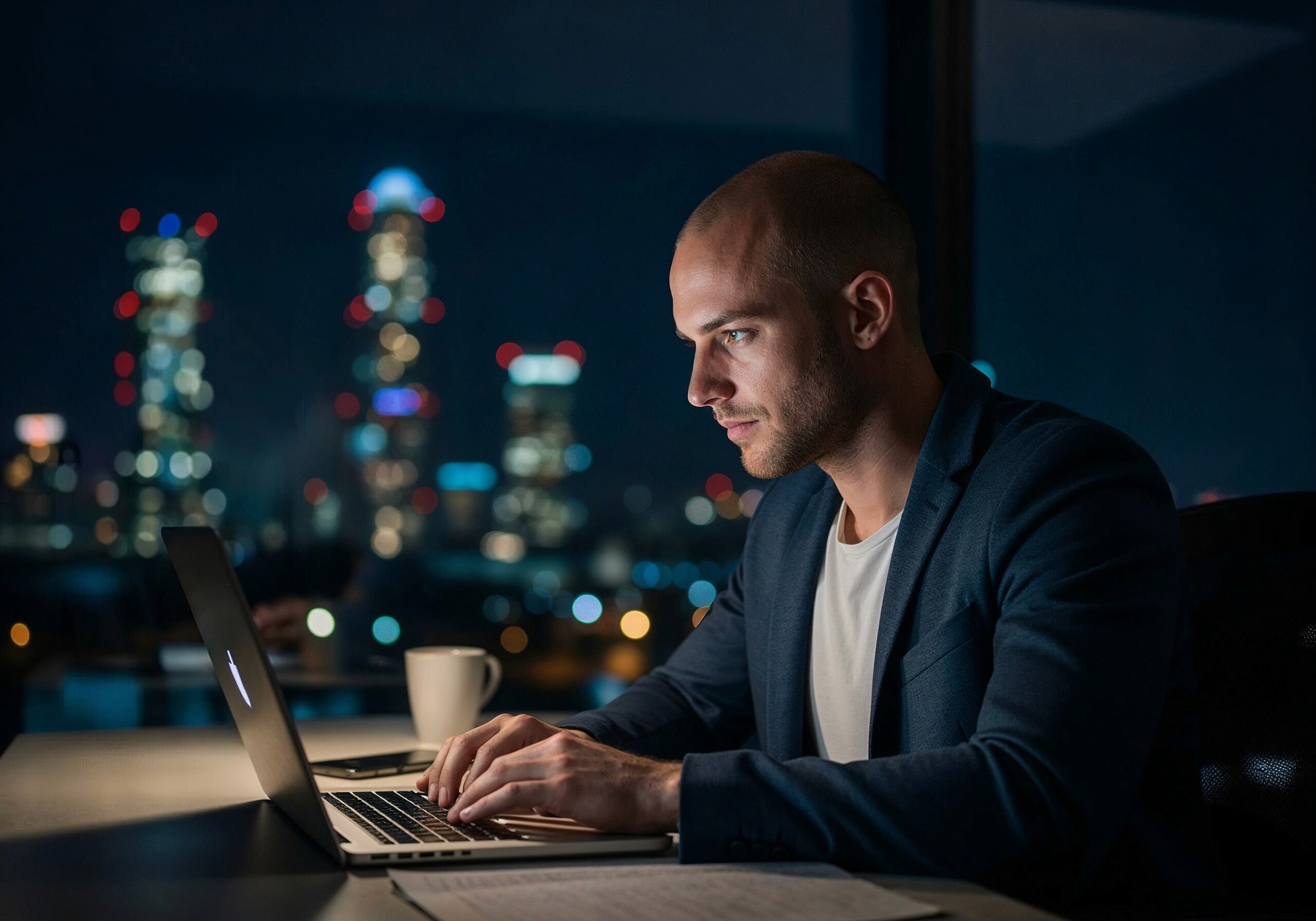Tech executive working late in office at night