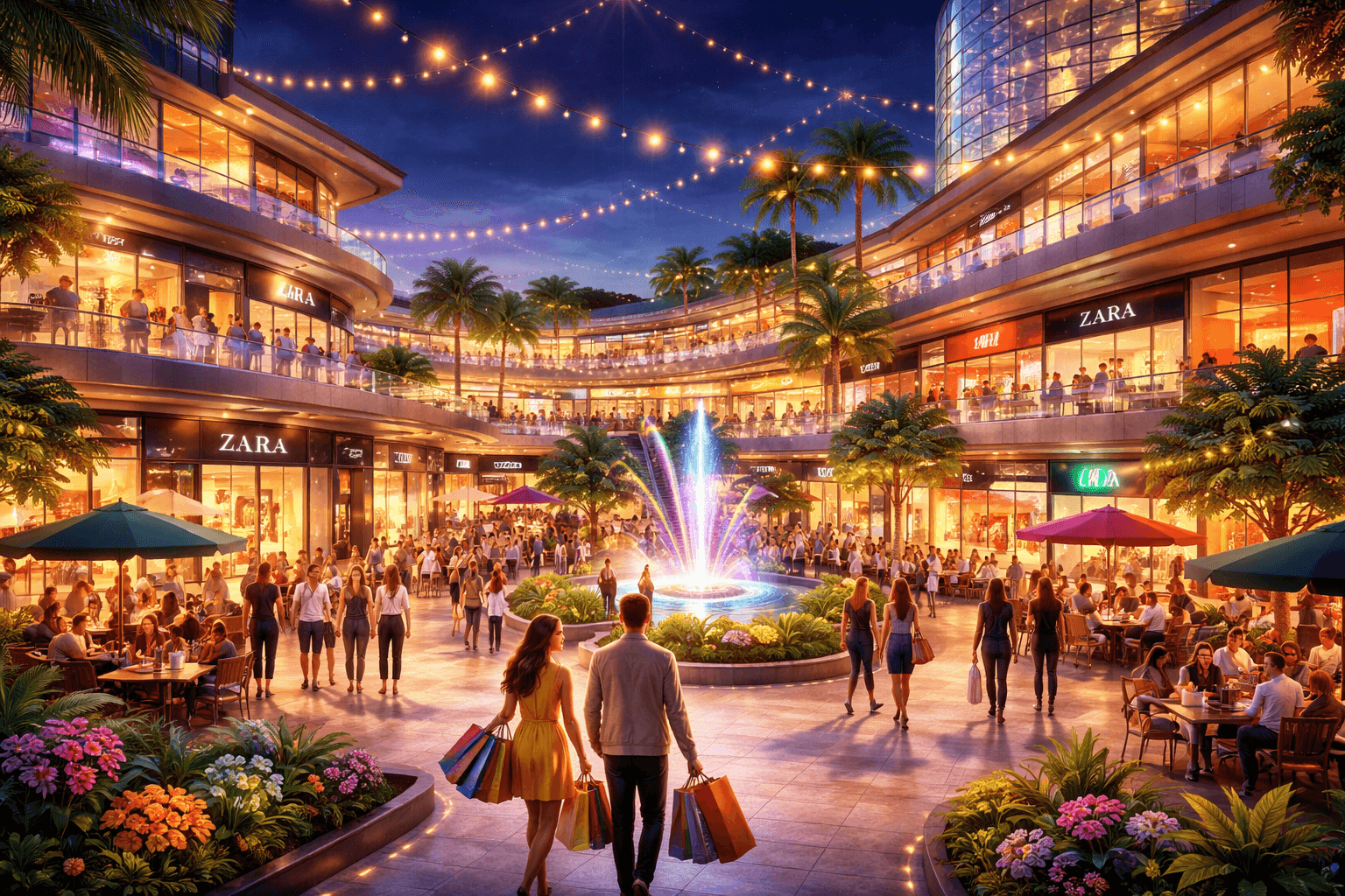 Minimalist neon shopping bag icon with a heartbeat line representing the commercial energy of Sector 57, Gurugram.