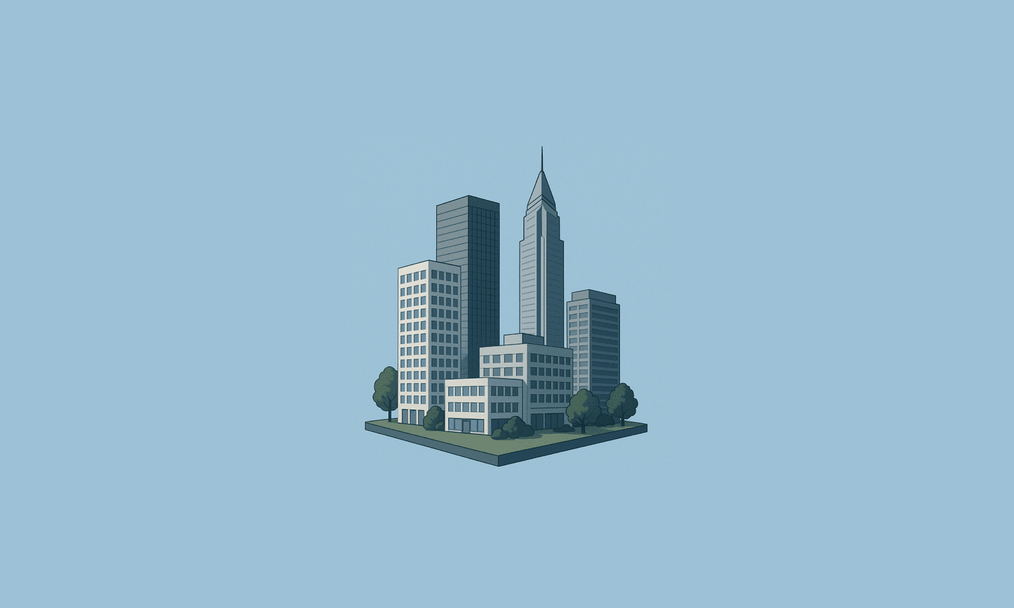 An illustration of a cityscape featuring modern skyscrapers and office buildings, symbolizing real estate investment opportunities and real estate funds.