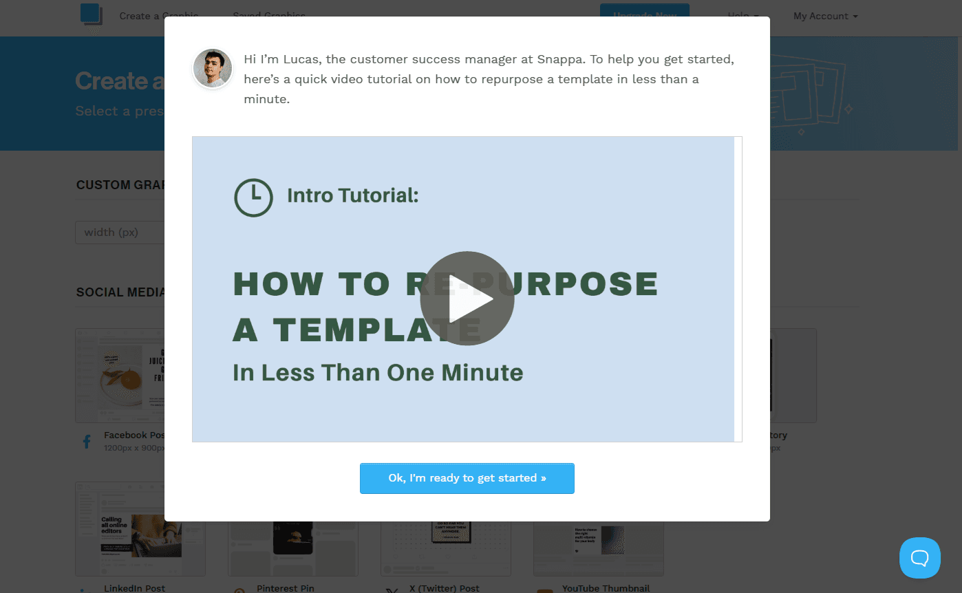 Snappa introduces a named customer success manager alongside a one-minute tutorial video.