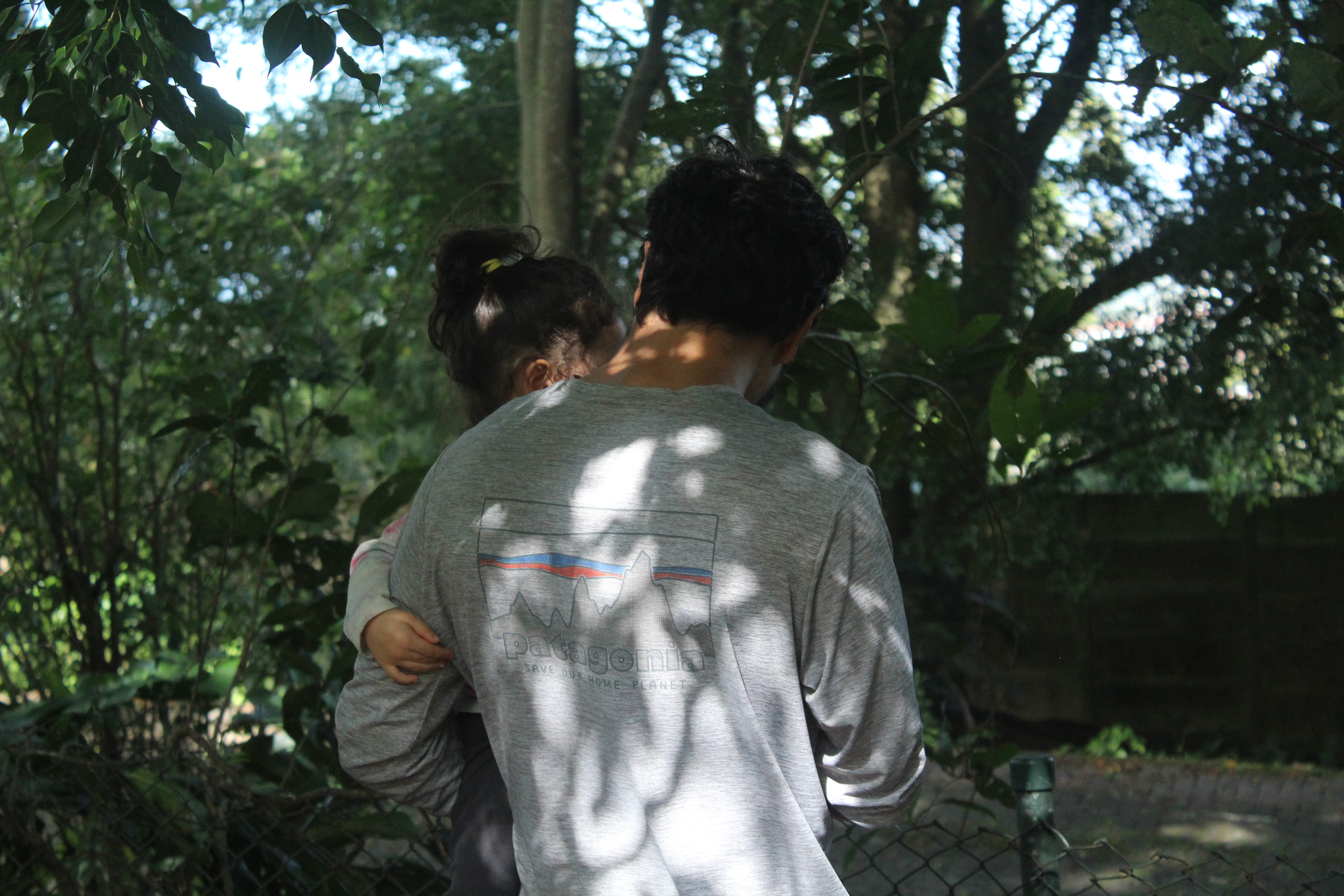 Adulto abrazando a un niño de espaldas en un entorno boscoso, reflejando el apoyo emocional y el vínculo seguro