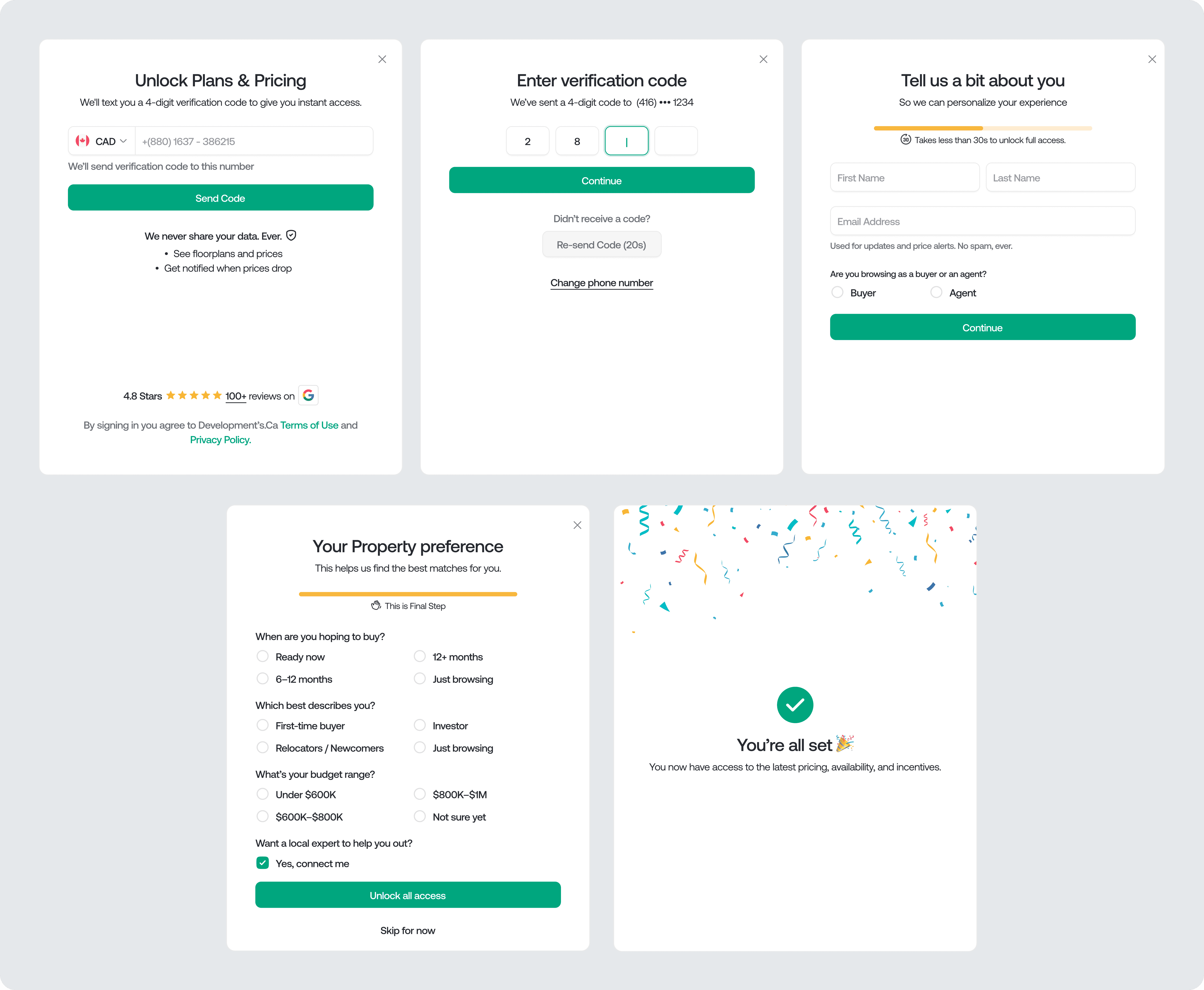 Multi-step onboarding flow including phone verification, user details collection, property preferences, and access confirmation for unlocking pricing and floor plans.