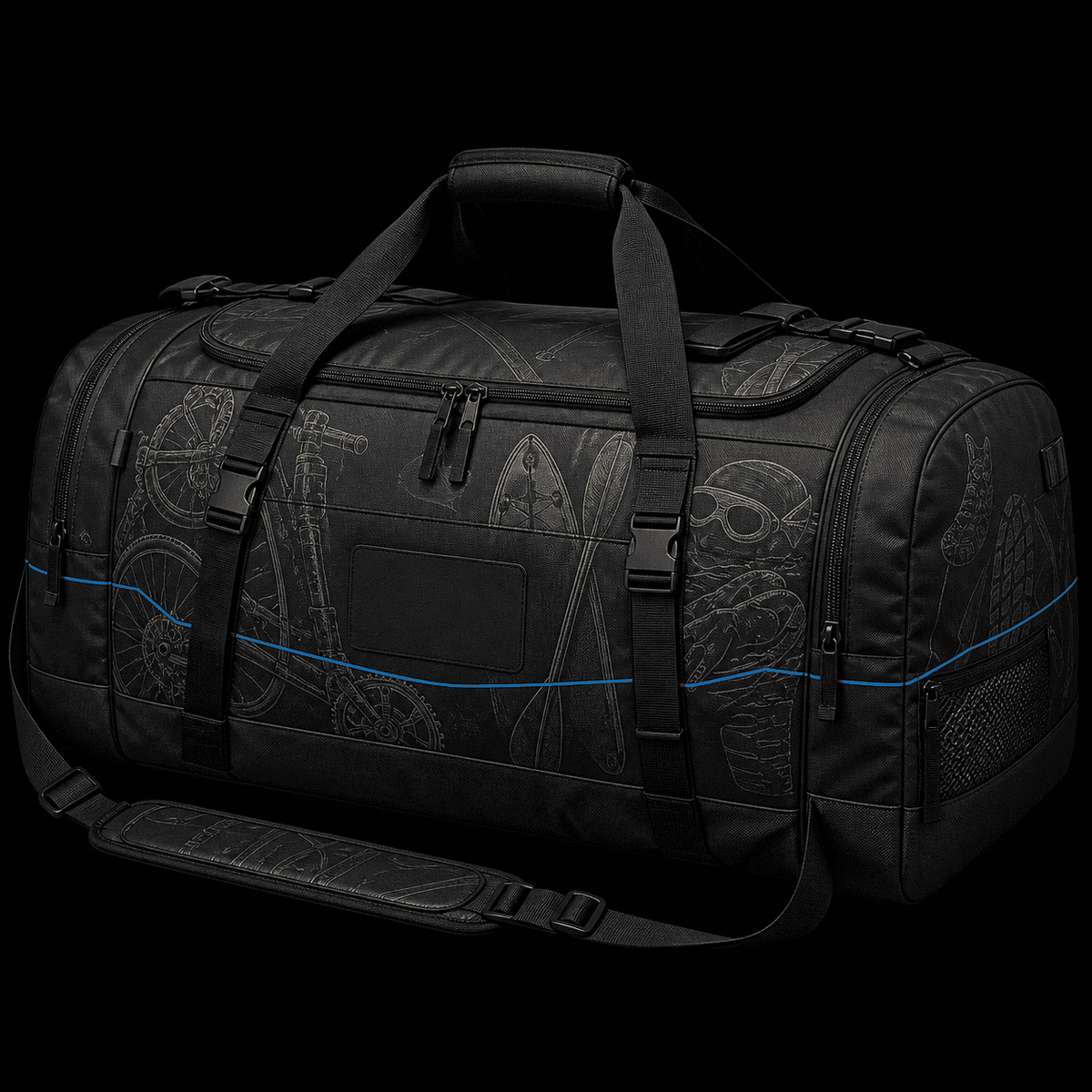 Large black multisport team duffel concept with reinforced compartments, subtle equipment engravings and a thin cyan route line.