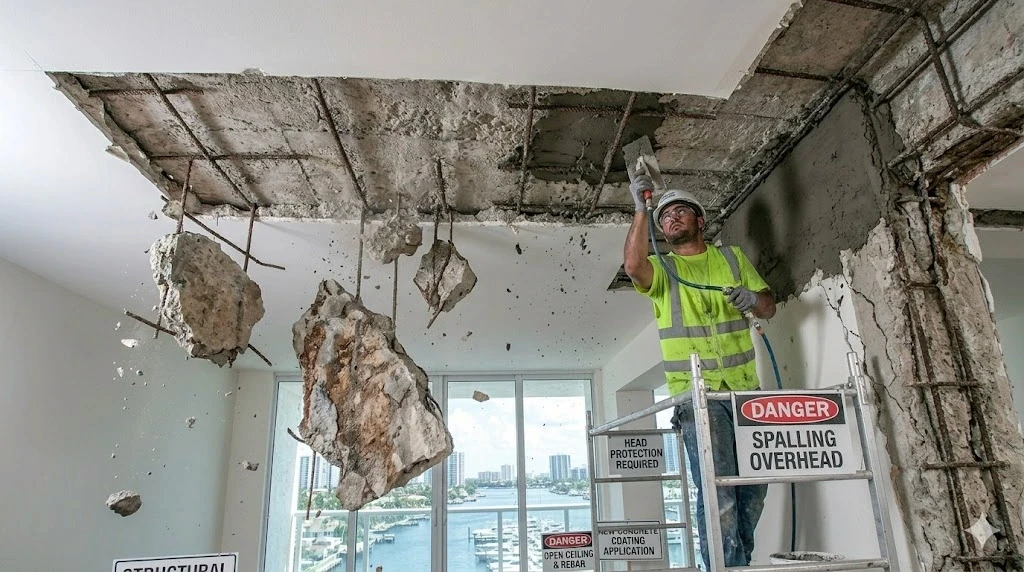 Ceiling spall repair and overhead concrete restoration in a Fort Lauderdale parking garage — Planet Construction FL
