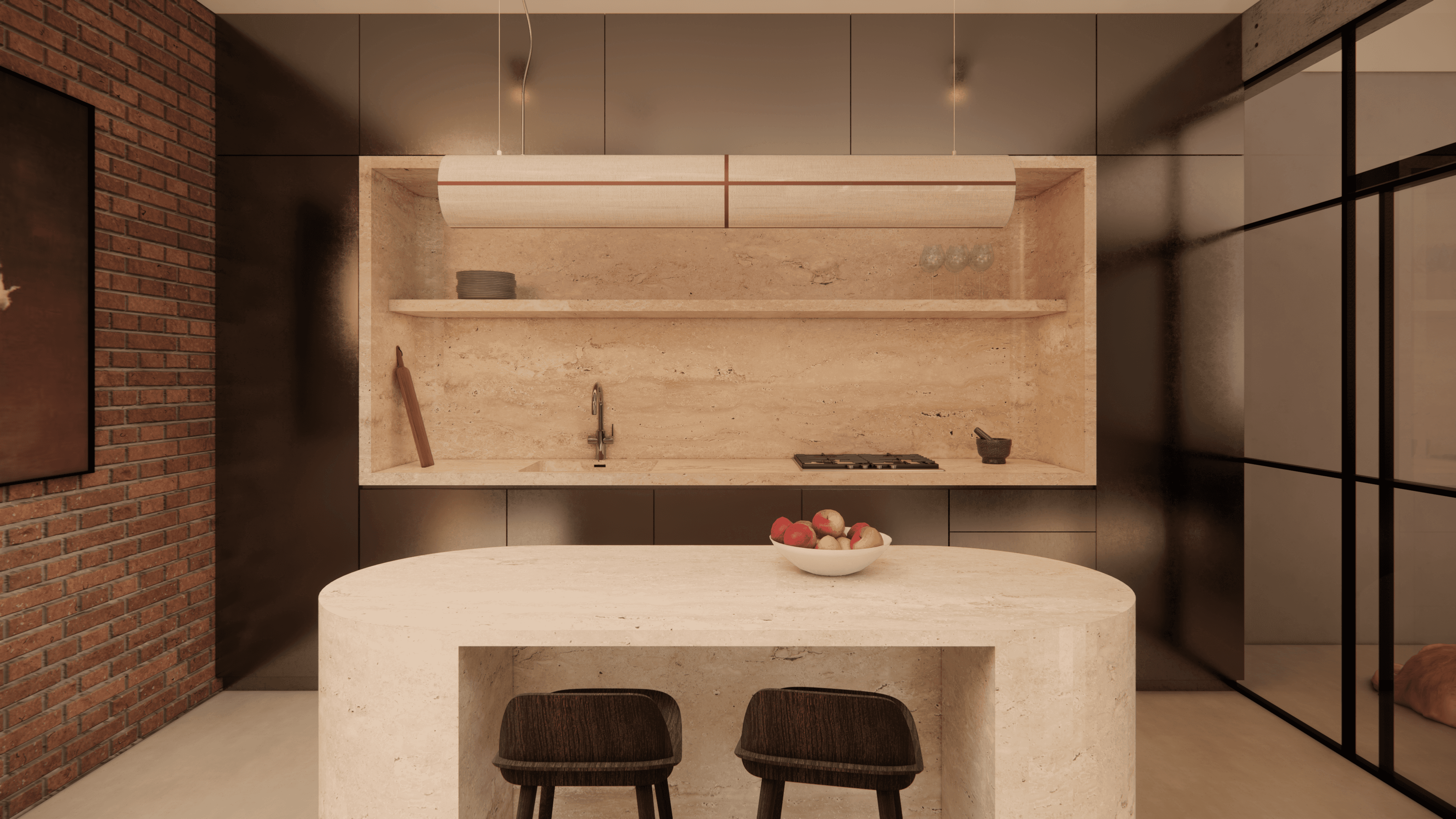 close up of stainless steel kitchen and travertine island