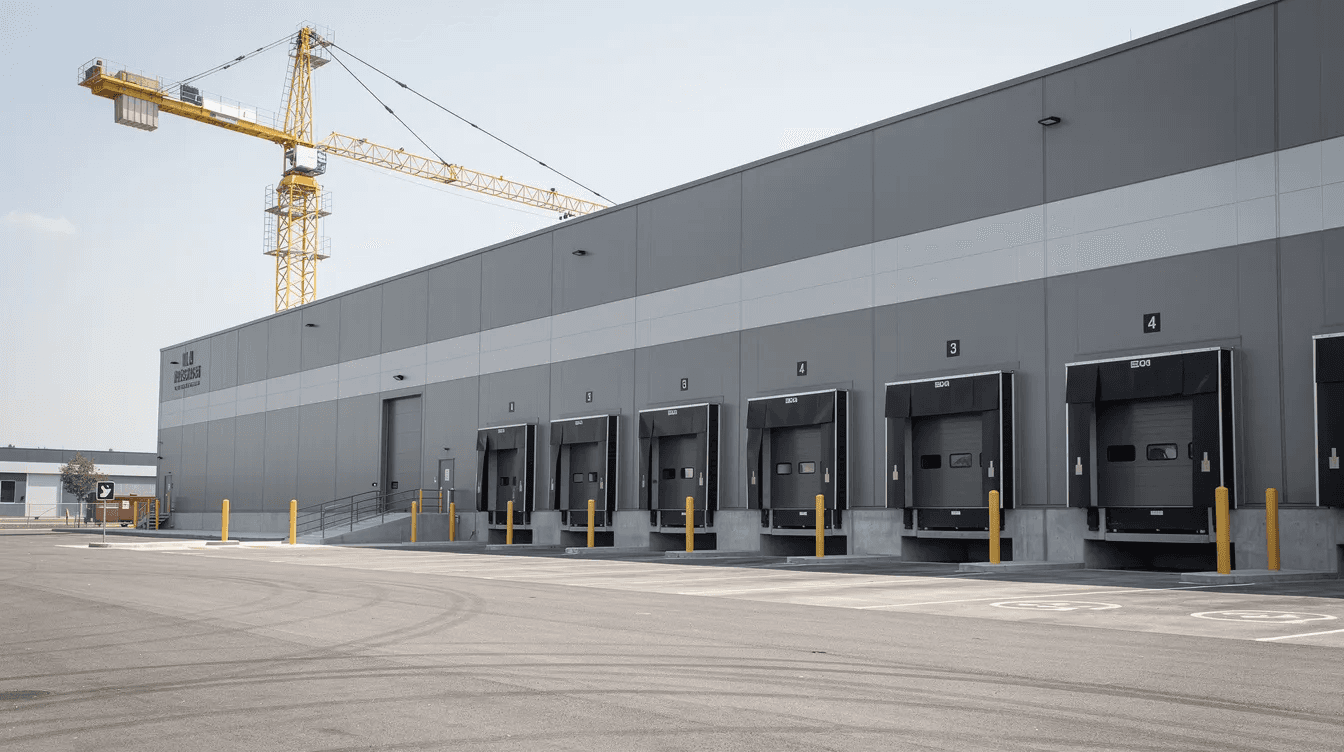The image depicts a modern industrial building exterior featuring large loading docks and a partially visible construction crane, illustrating the active environment of the construction industry. This setting highlights the expertise and coordination of a general contracting company engaged in a significant building project.