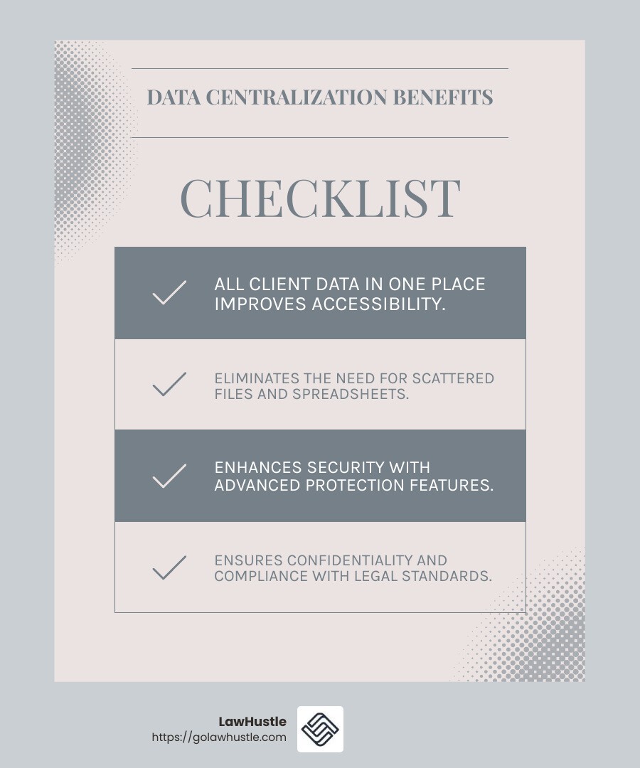 Data centralization in CRM systems improves security and accessibility - Law firm CRM systems infographic checklist-light-blue-grey