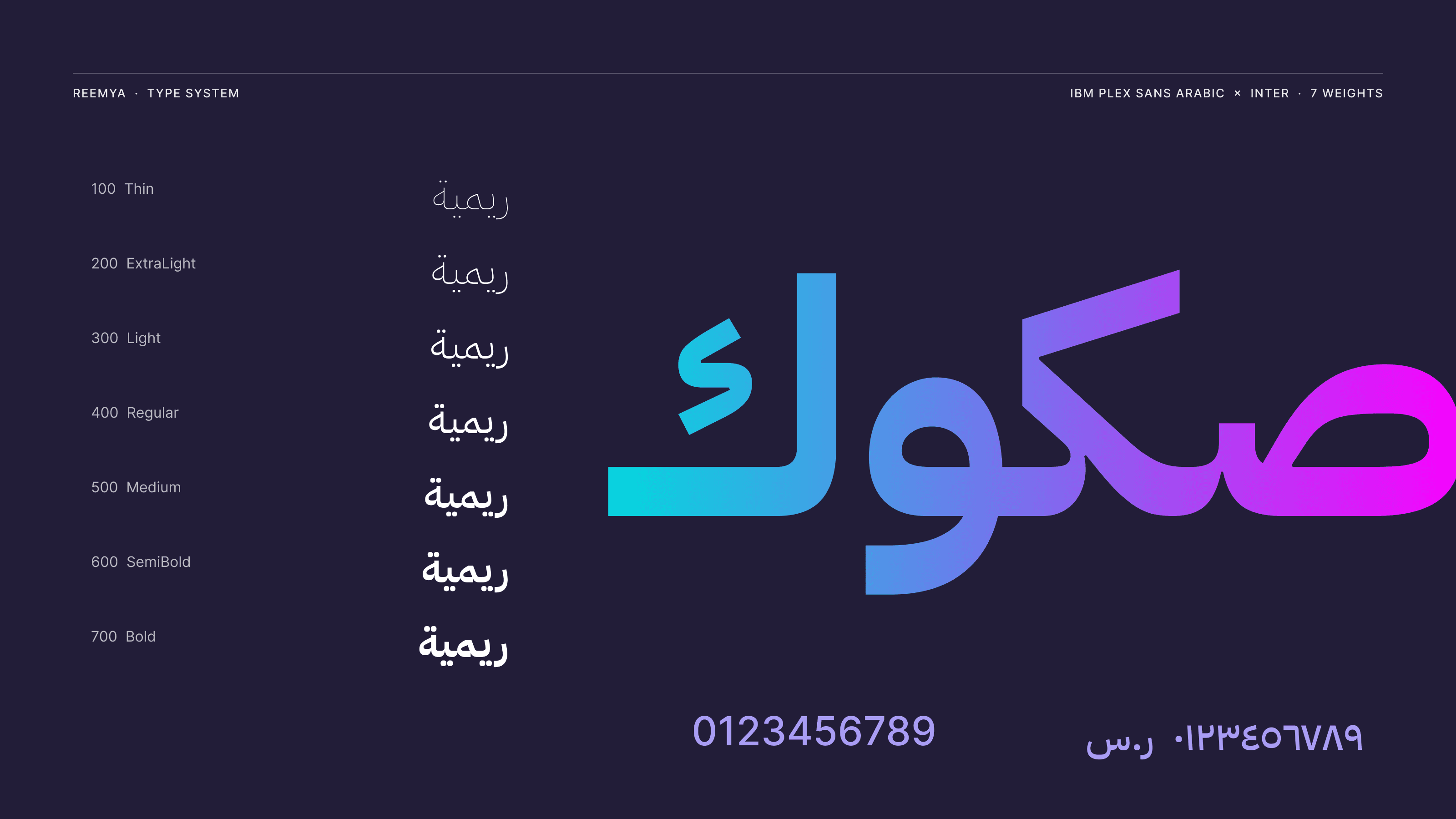 Type specimen: IBM Plex Sans Arabic in seven weights, Sukuk in the brand gradient, numerals with Inter