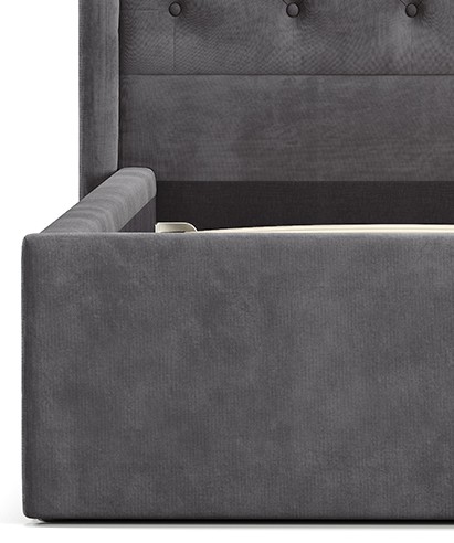 Modern upholstered storage bed 3D render with tufted headboard