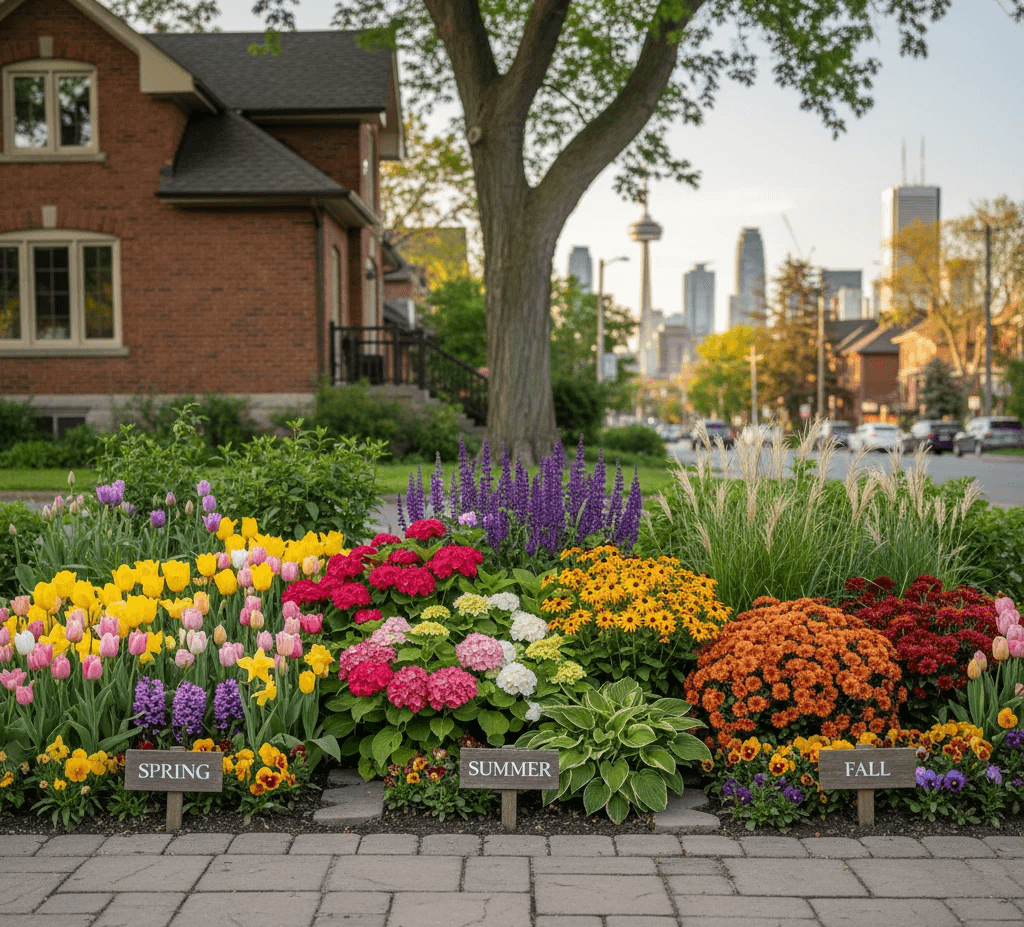 Beautifully organized garden in Toronto showcasing seasonal flower beds for spring, summer, and fall, with distinct groupings of tulips for spring, hydrangeas and black-eyed Susans for summer, and vibrant chrysanthemums for fall, all framed by a brick pathway and a glimpse of the Toronto skyline in the background.