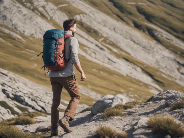 young man hiking in rocky mountains