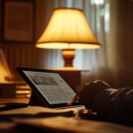 person reading whiskey news on tablet at desk