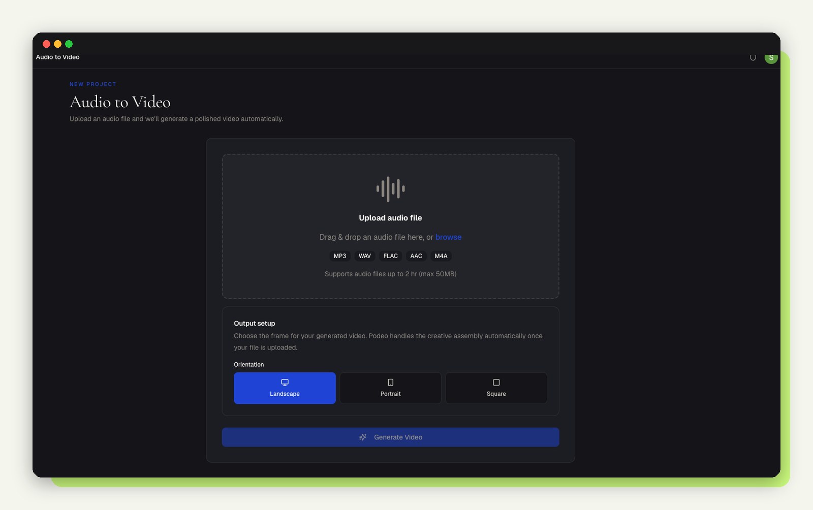 Podeo.ai audio to video upload screen with orientation options