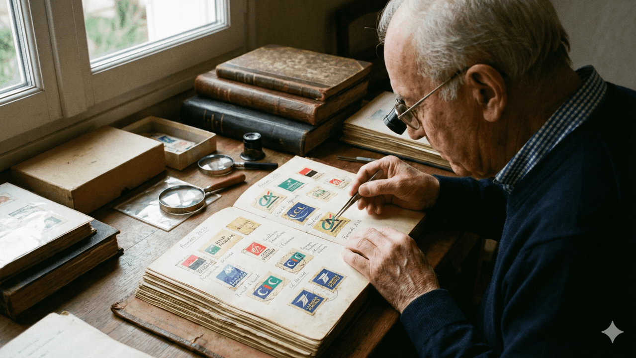 Homme âgé examinant un album de timbres à son bureau, entouré de livres, de boîtes et de loupes.