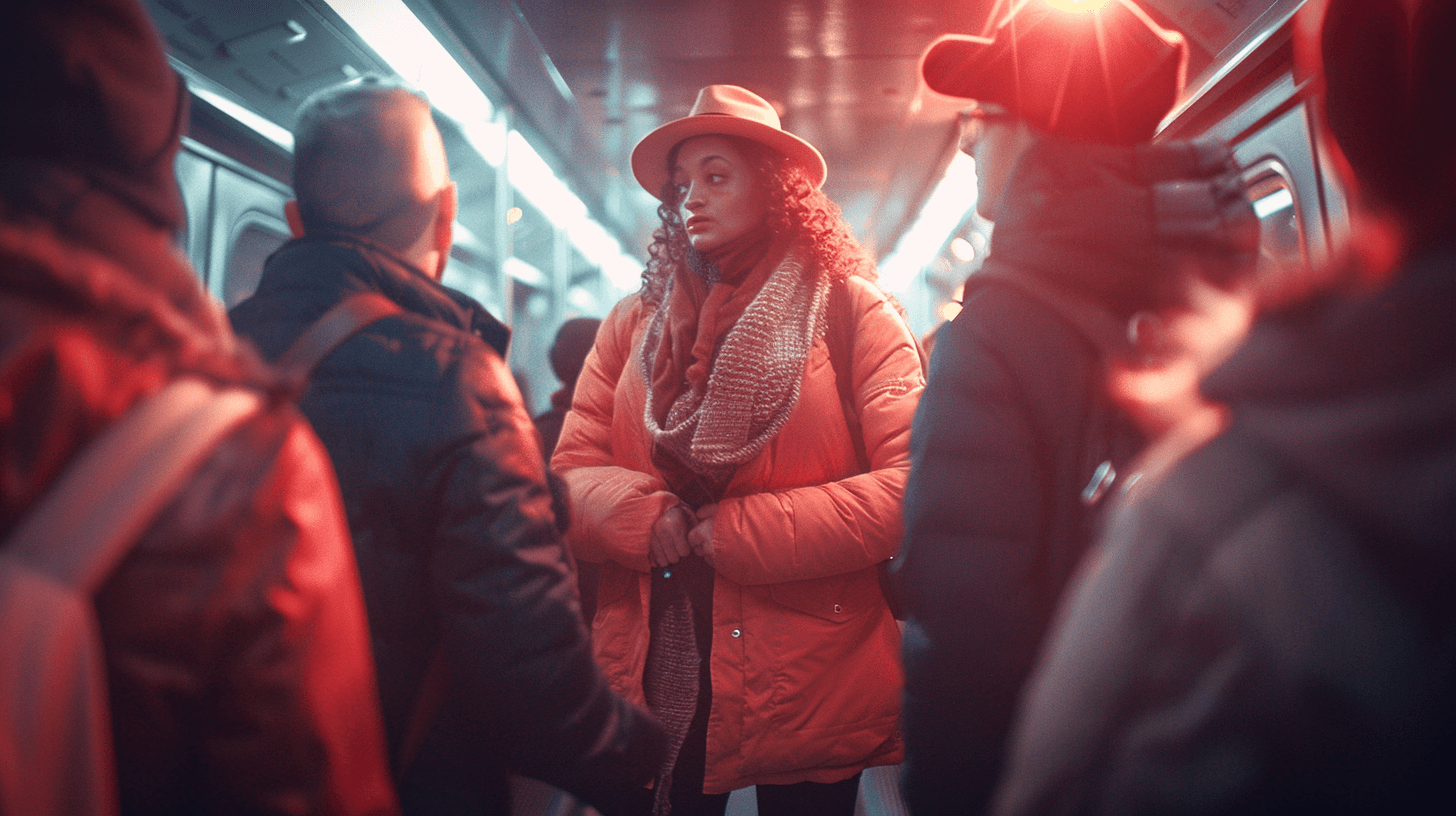a person performing a dramatic theatrical play on a subway train while commuters ignore them, out-of-context performance, confused audience