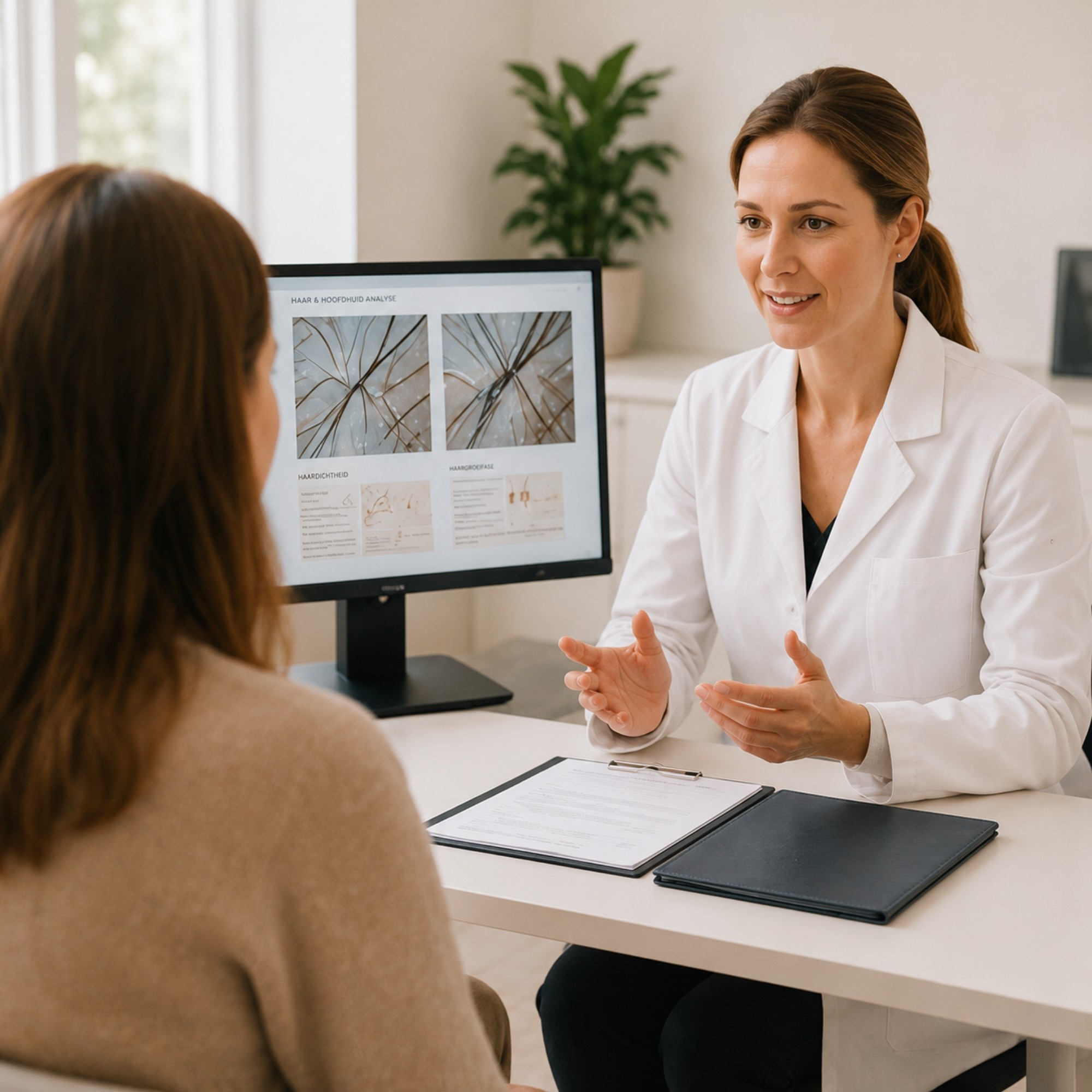 Arts bespreekt mogelijke oorzaken van haarverlies met een patiënt tijdens een medisch consult, waarbij aandacht wordt besteed aan erfelijkheid, stress, hormonale factoren en andere mogelijke triggers.