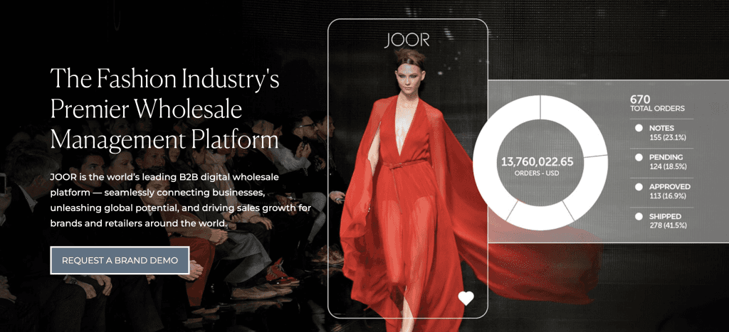 JOOR homepage, a B2B wholesale platform for fashion, with a model in red and an order dashboard