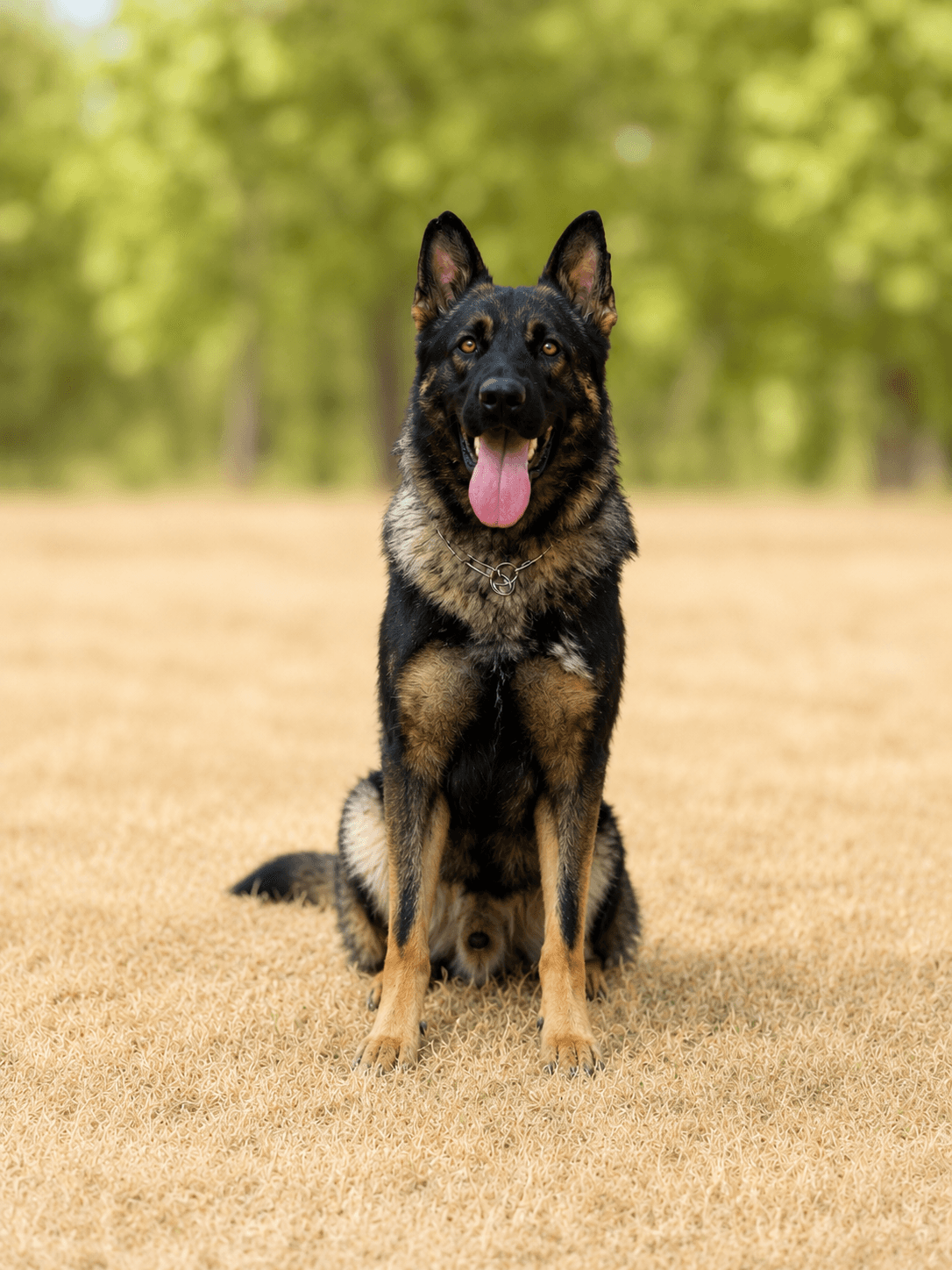 German Shepherd protection dog sitting alert outdoors with trees in the background.