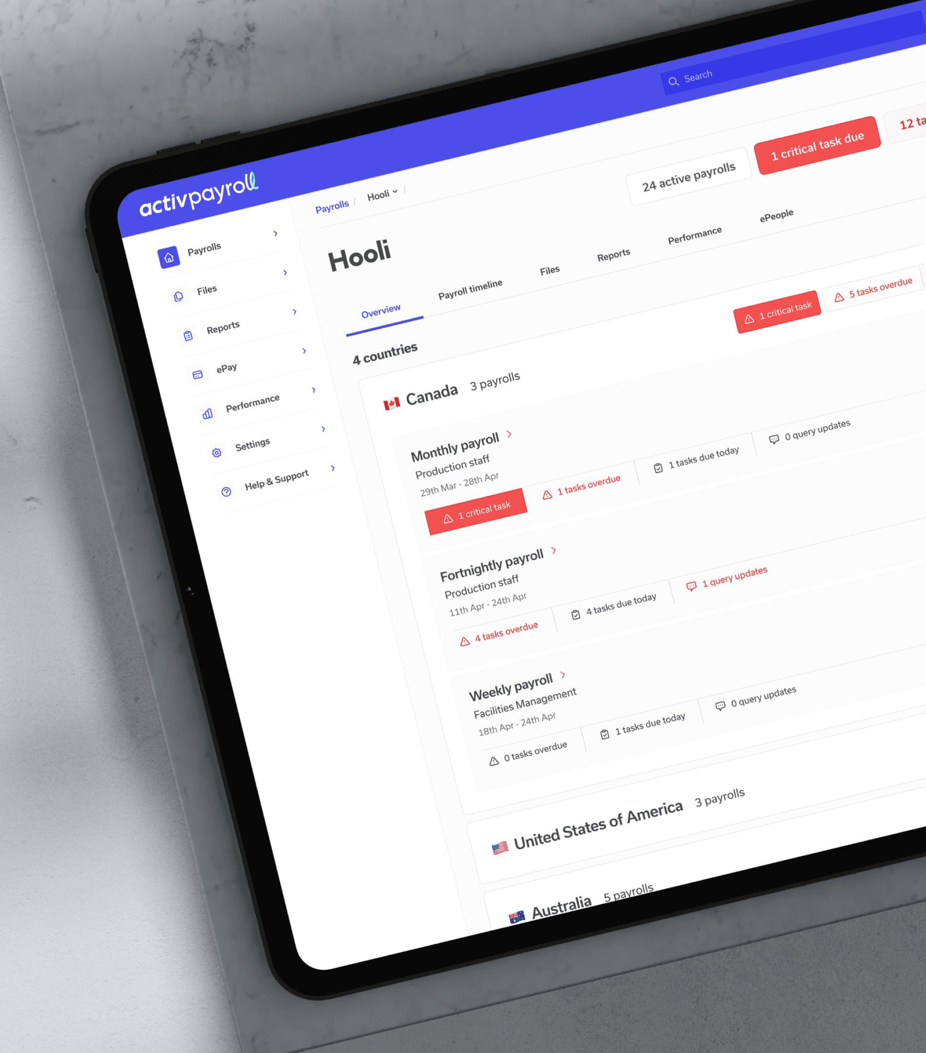 Angle view of an iPad displaying the ActivPayroll app's payroll overview for Hooli, showing payroll tasks sorted by country and priority status.