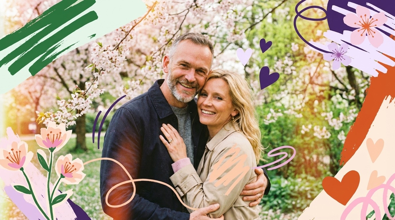 Forårslys i byen med to personer, der mødes og smiler