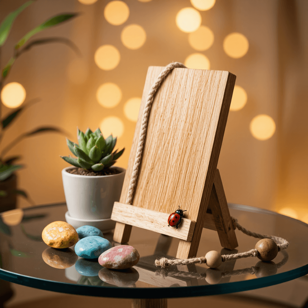 product photography of a wooden display stand with decorative rope and ladybug accents