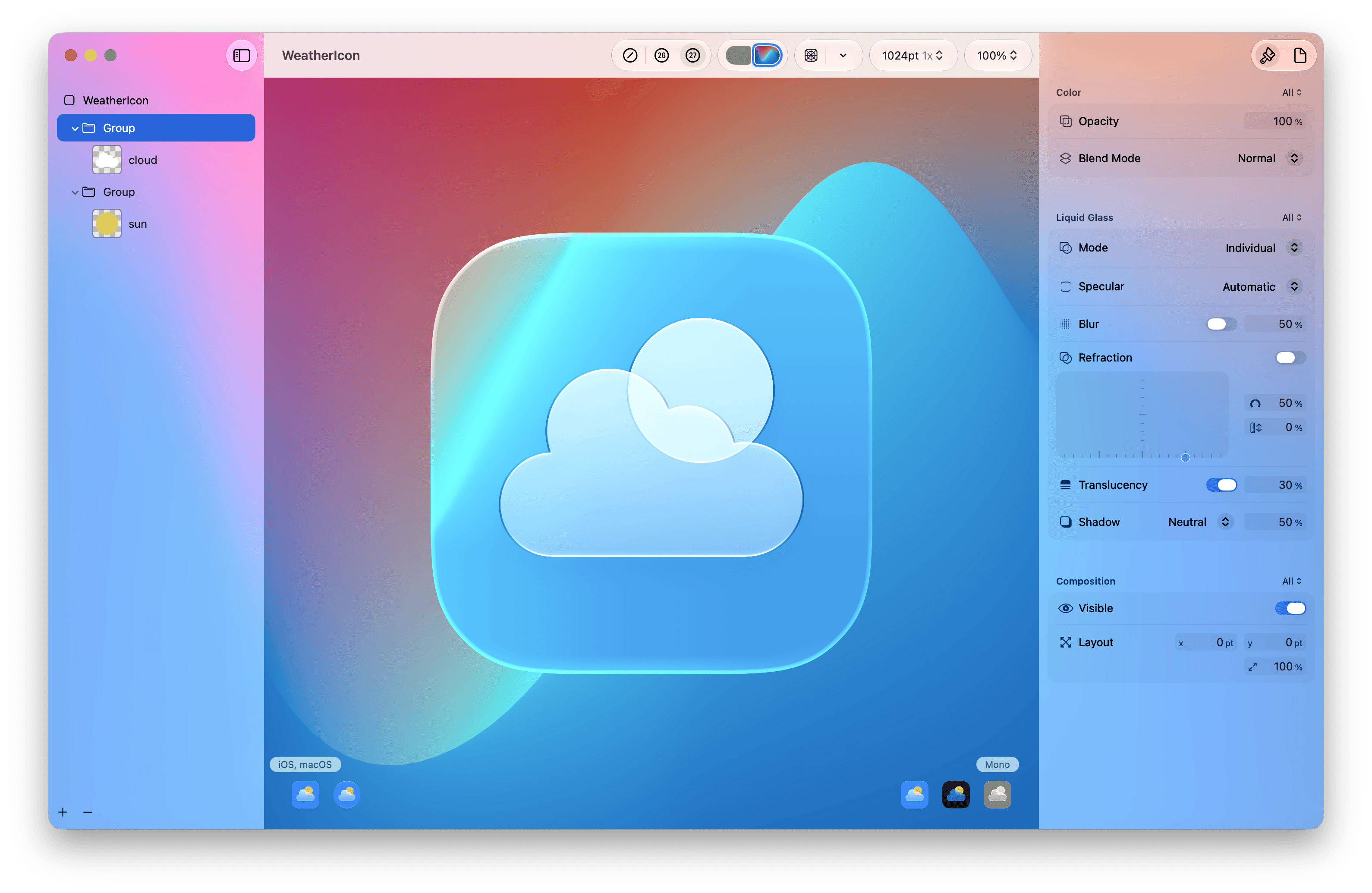 screenshot of Icon Composer with a weather app icon