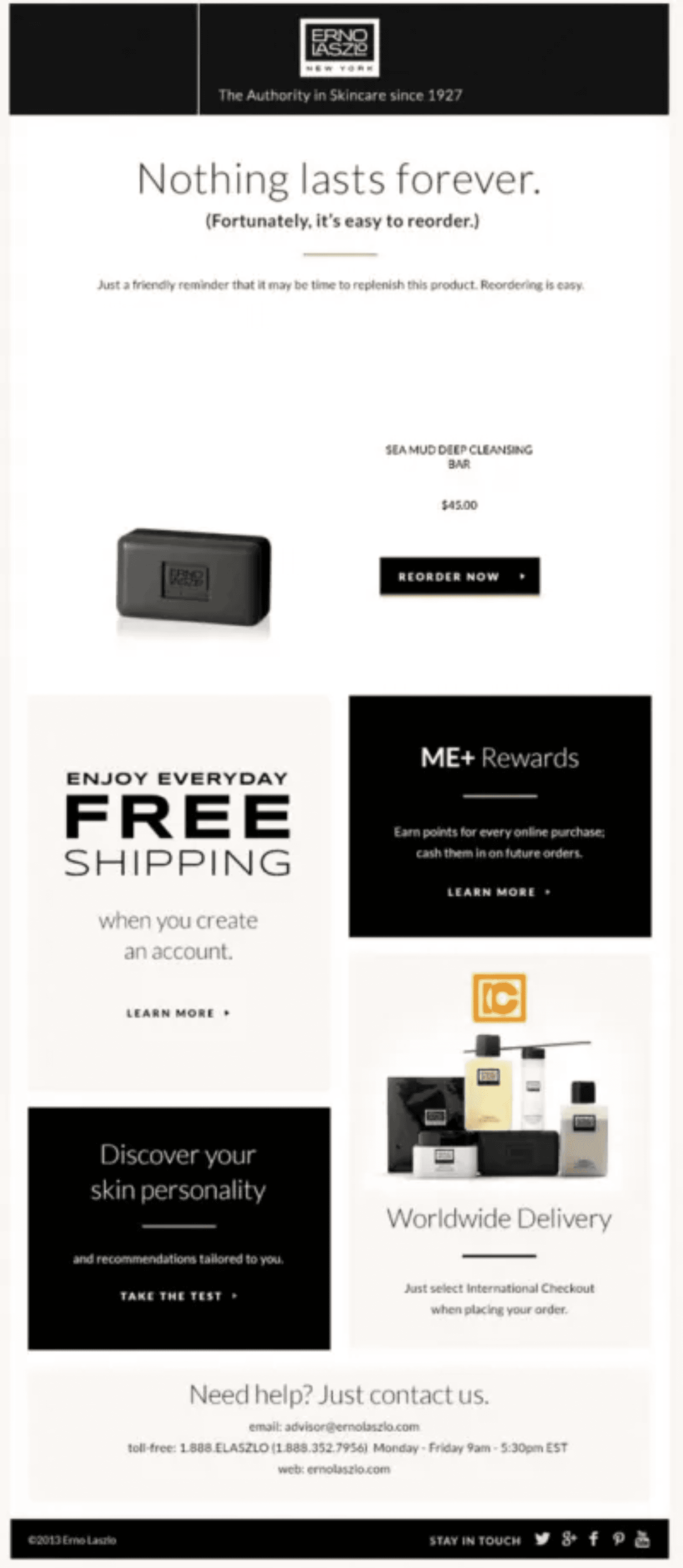 Erno.png – A minimalistic replenishment email from Erno Laszlo, reminding customers to reorder skincare products, highlighting easy reordering, free shipping, and rewards.