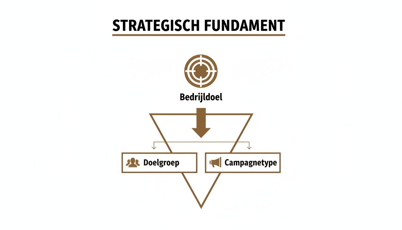 Diagram van het strategisch fundament met een bedrijfsdoel dat leidt tot doelgroep en campagnetype.
