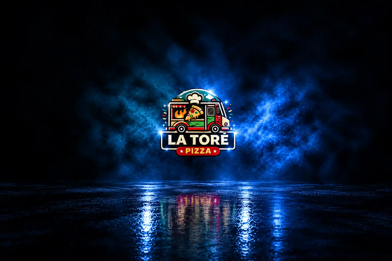 logo la toré pizza sur un mur avec un projecteur en haut à droite de l'image qui éclairele logo, un effet fumée est sur l'image.
