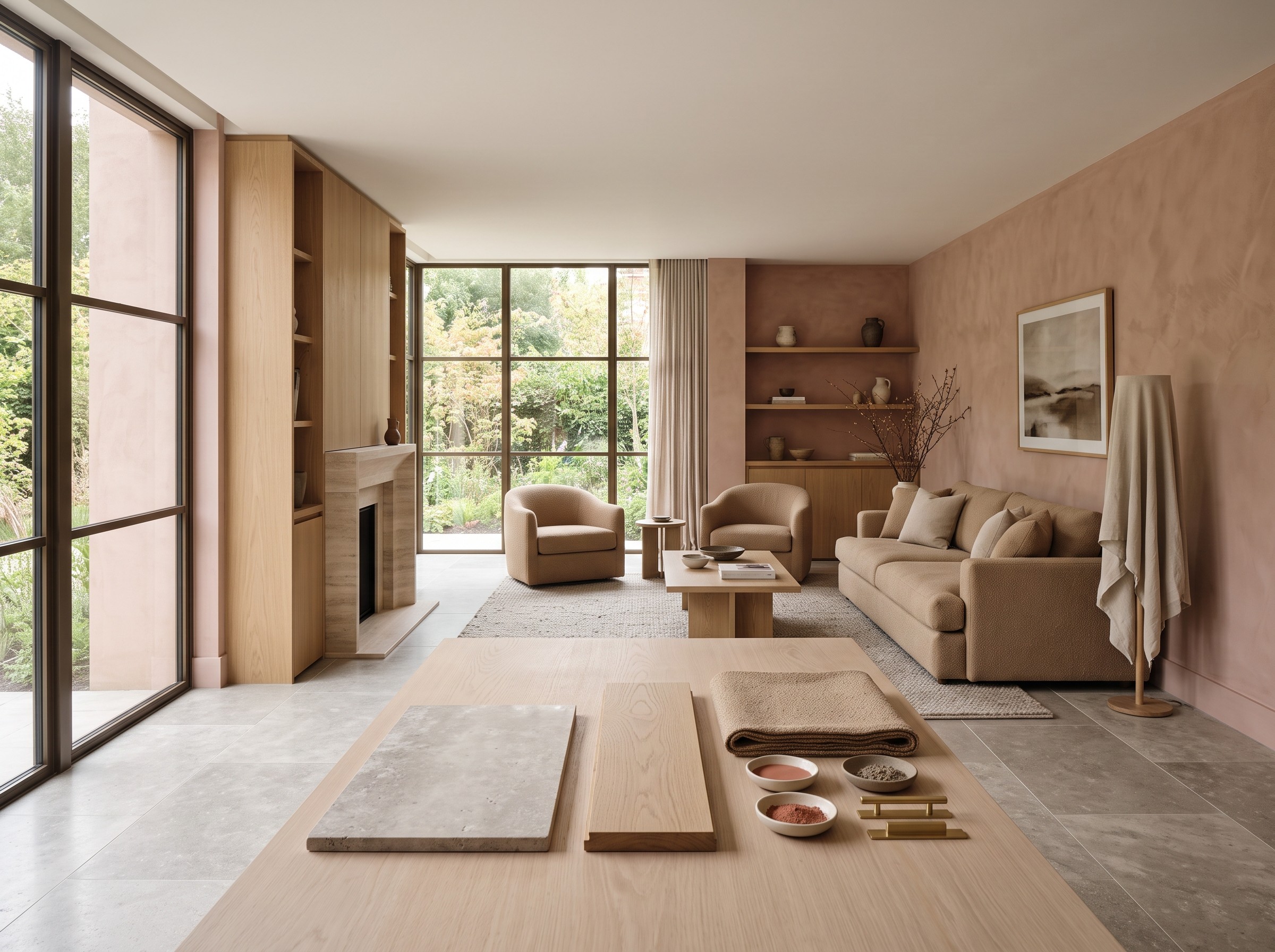 Wide shot of a full show-home living room finished entirely from the palette.