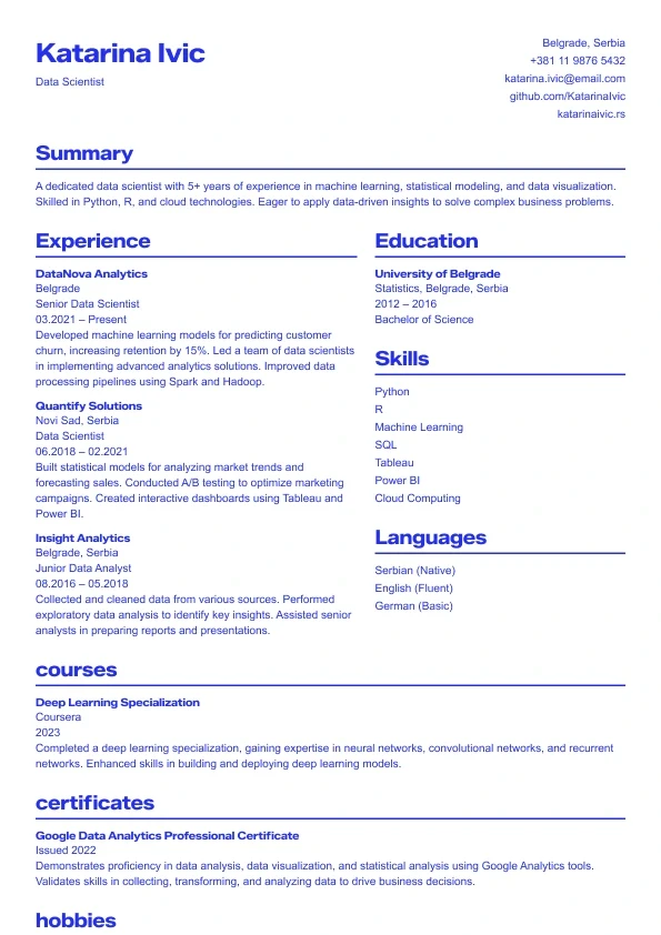 Sapphire resume template — bold blue professional layout.