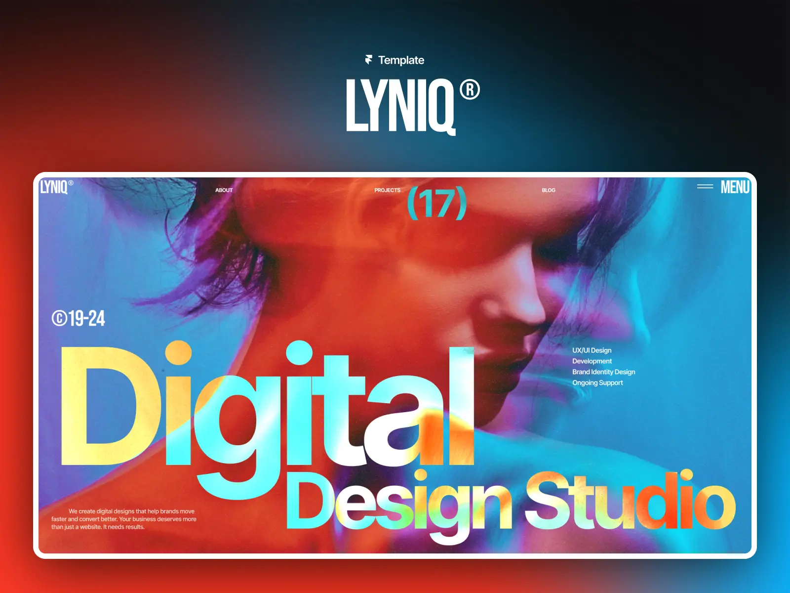 Lyniq digital design studio Framer template with vibrant gradient typography, colorful imagery and a bold creative layout.