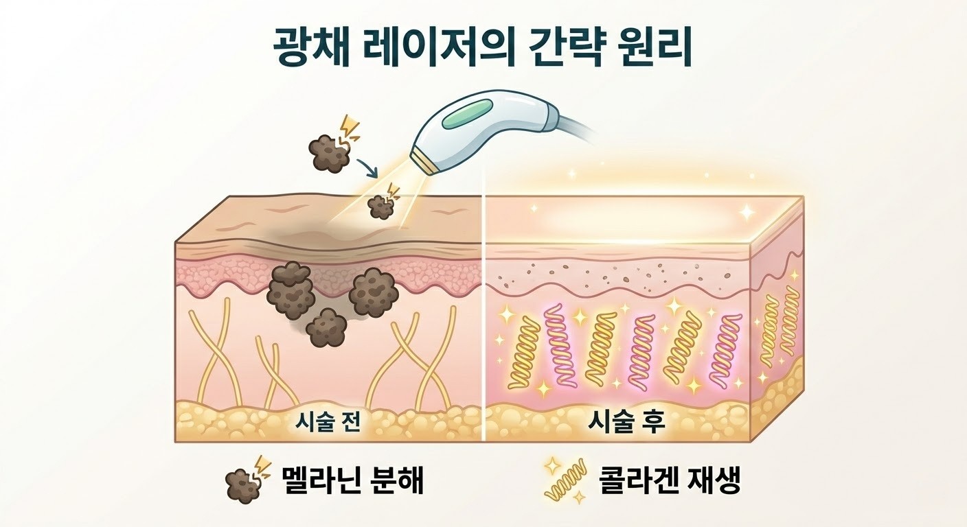 얼굴광채레이저 원리 - 멜라닌 색소 분해와 콜라겐 생성 설명