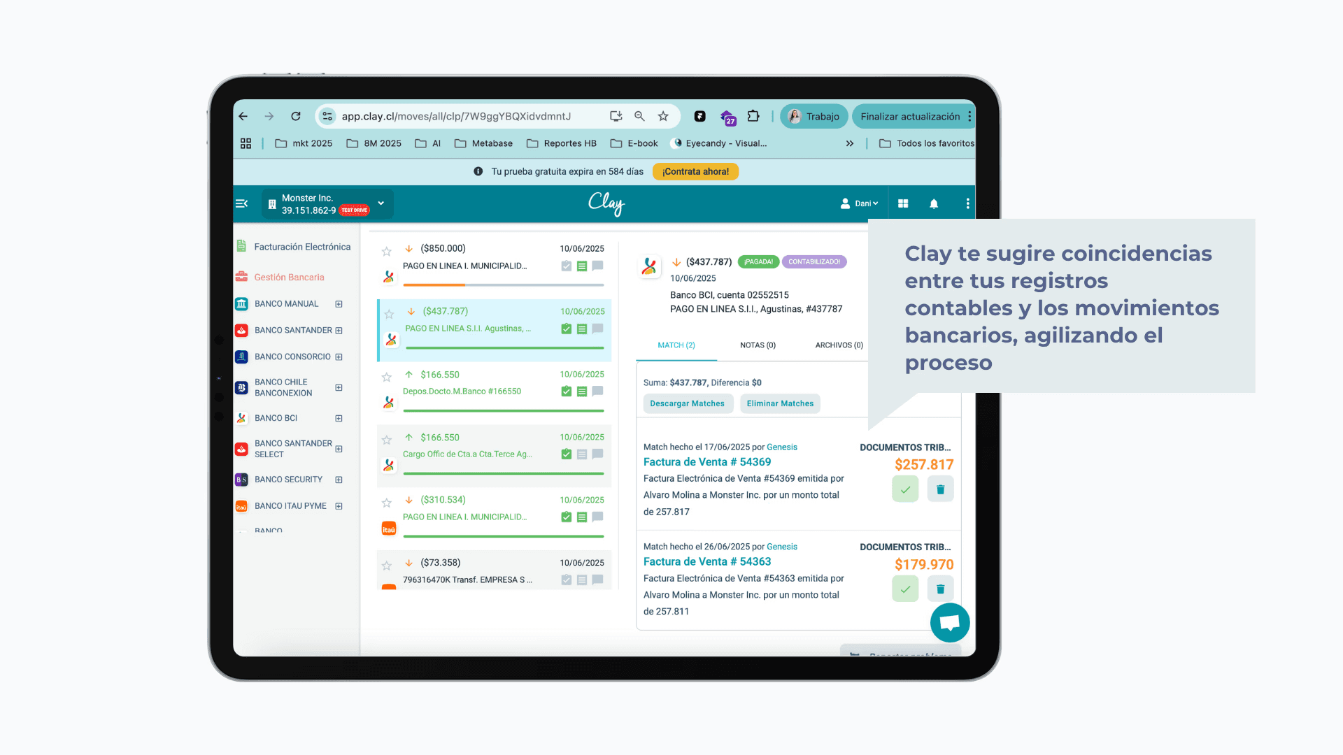 Proceso de conciliación bancaria automatizada en Clay: coincidencias automáticas entre movimientos bancarios y registros contables para agilizar el cierre financiero.