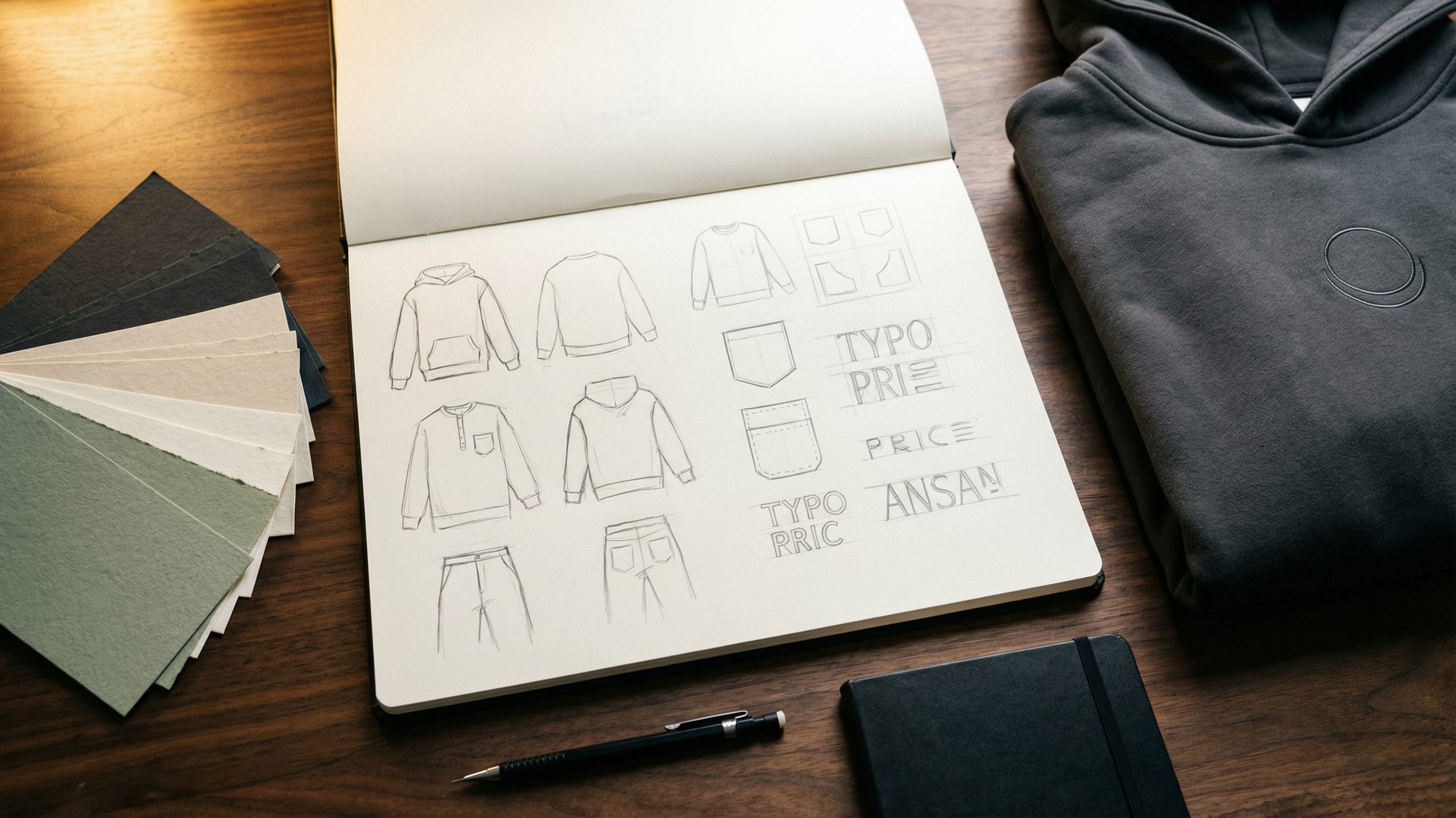 An open sketchbook with pencil-drawn garment silhouettes and graphic layout sketches on a dark walnut desk, with a fanned Pantone color guide showing charcoal and sage green swatches and a folded charcoal hoodie to the right.