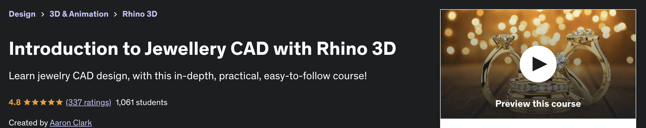 As a jewelry designers, Rhino 3D is one of the applications that can make your job incredibly easy. This course jumps into practical lessons showing how to create a variety of rings in the program. Also comes with a certificate of completion.