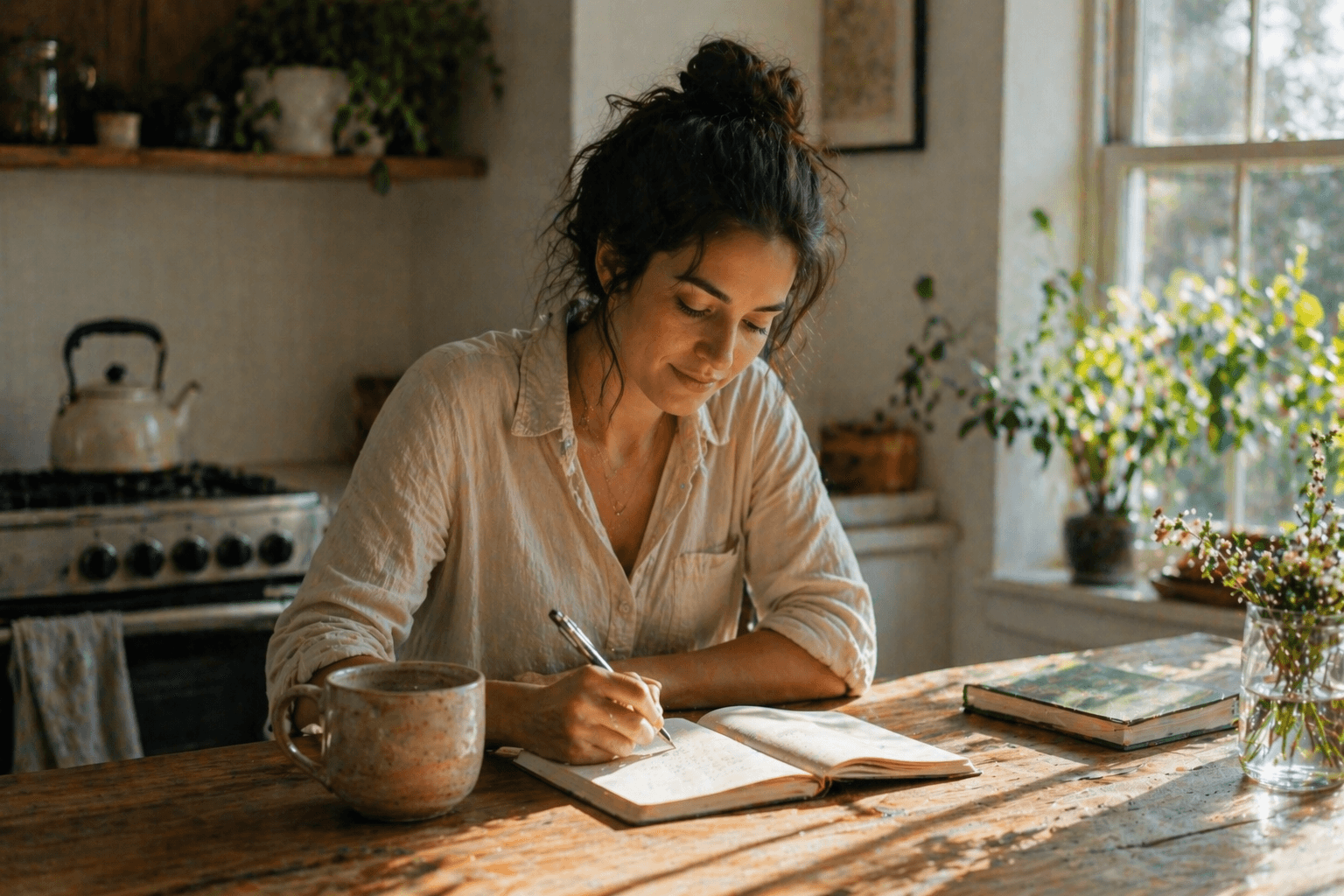 Woman writing in a mindful eating journal to build awareness of hunger and eating patterns