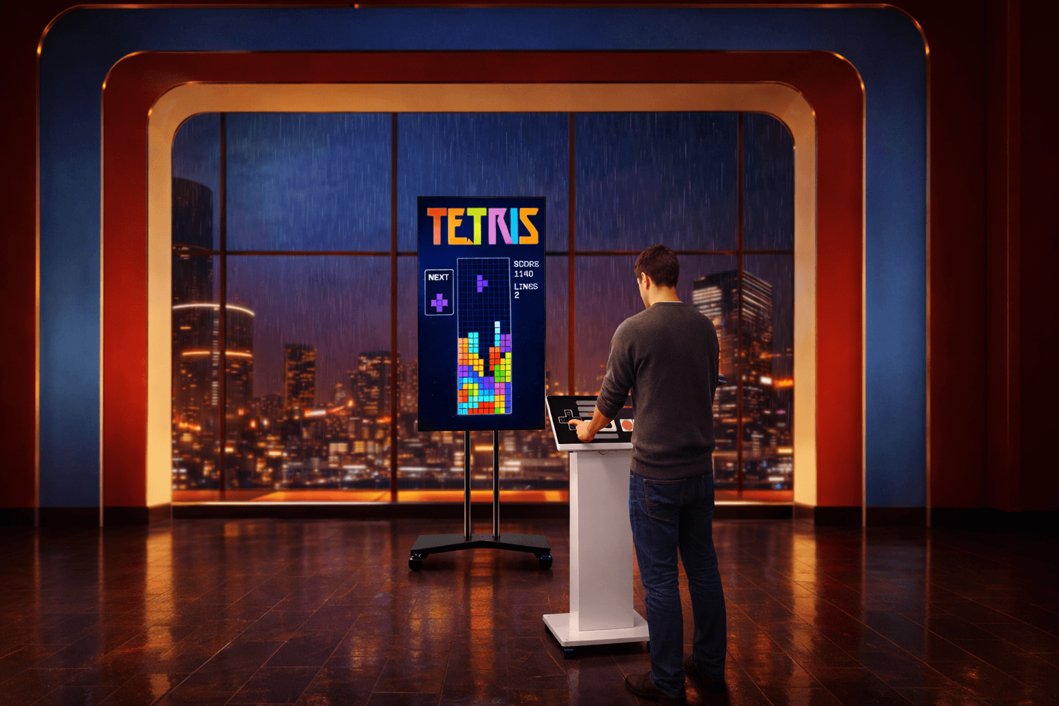 Participanți jucând Tetris la activarea KENT Retro Future