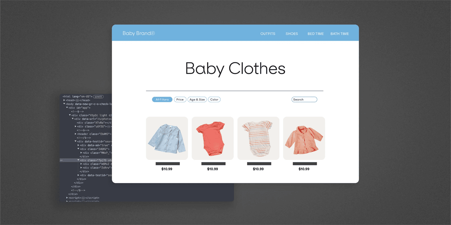 A baby brand's webpage showing baby products with prices and HTML coding in the background of the graphic.