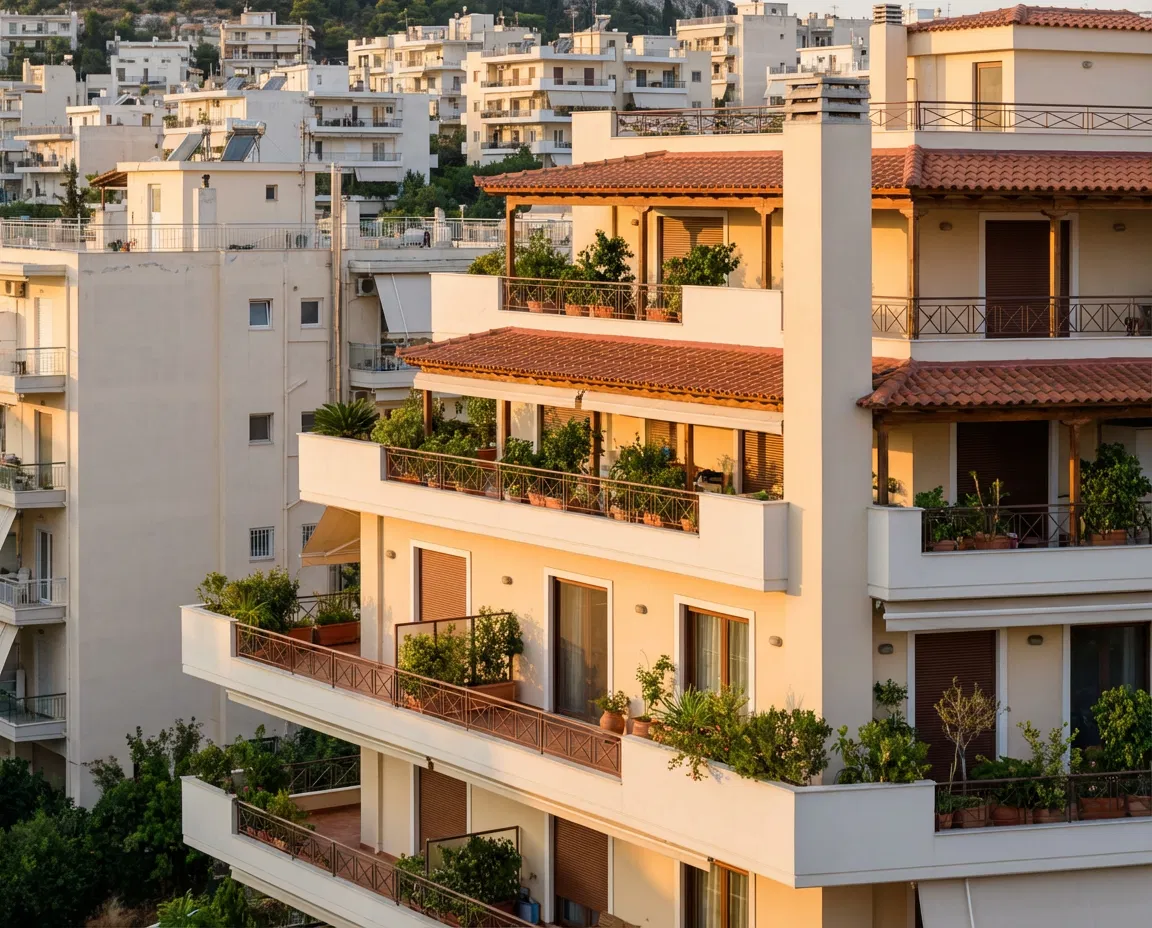 Modern apartment building in an urban Greek setting representing short term rentals