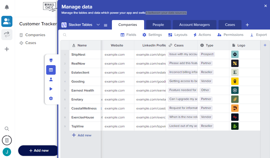 Stacker’s data grid showing all the tables and data sources behind an existing app.