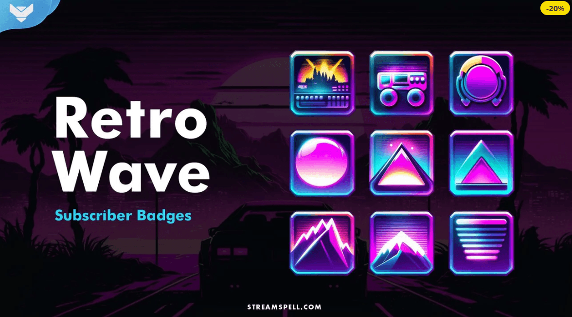RetroWave Subscriber Badges preview – a set of 9 neon-colored square badges featuring retro icons like synths, boomboxes, mountains, and geometric shapes. Designed for Twitch, YouTube, and Discord streamers who love synthwave, vaporwave, and 80s/90s-inspired visuals.