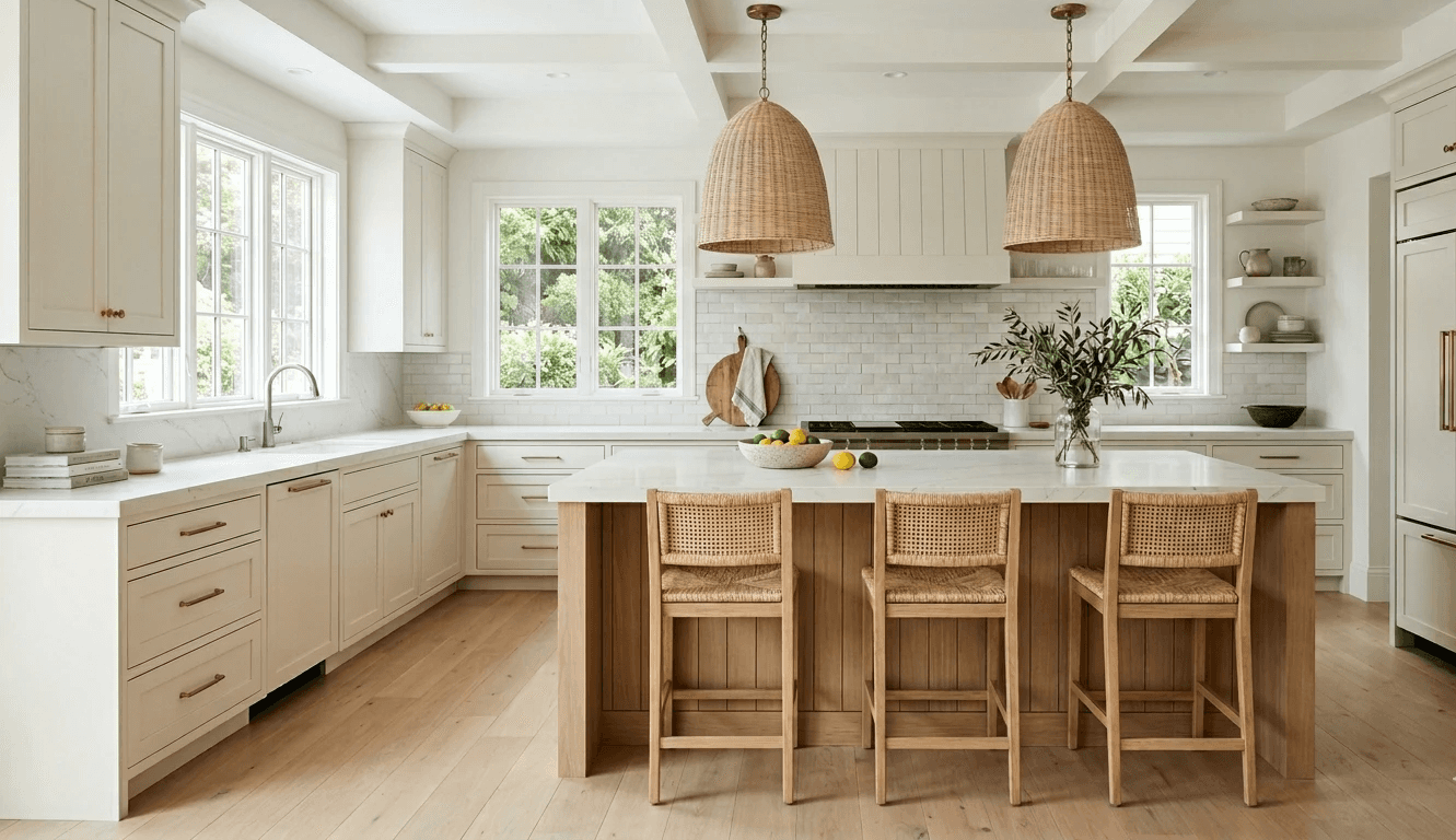 create an alt text seo optimized A spacious L-shaped coastal kitchen features white shaker cabinets with gold pulls, quartz countertops, a matching backsplash, and a large wood central island with a waterfall edge and three woven rattan counter stools with backs. Two large woven basket pendant lights hang from a white coffered ceiling over the island, which is set with a bowl of lemons and limes, a vase of greenery, and cookbooks. The back wall has a subway tile backsplash, a white range hood, and windows looking out to a garden, with open shelves displaying pottery. Integrated appliances include a large panel-ready refrigerator on the far right. The kitchen has light wide-plank wood flooring and abundant natural light.